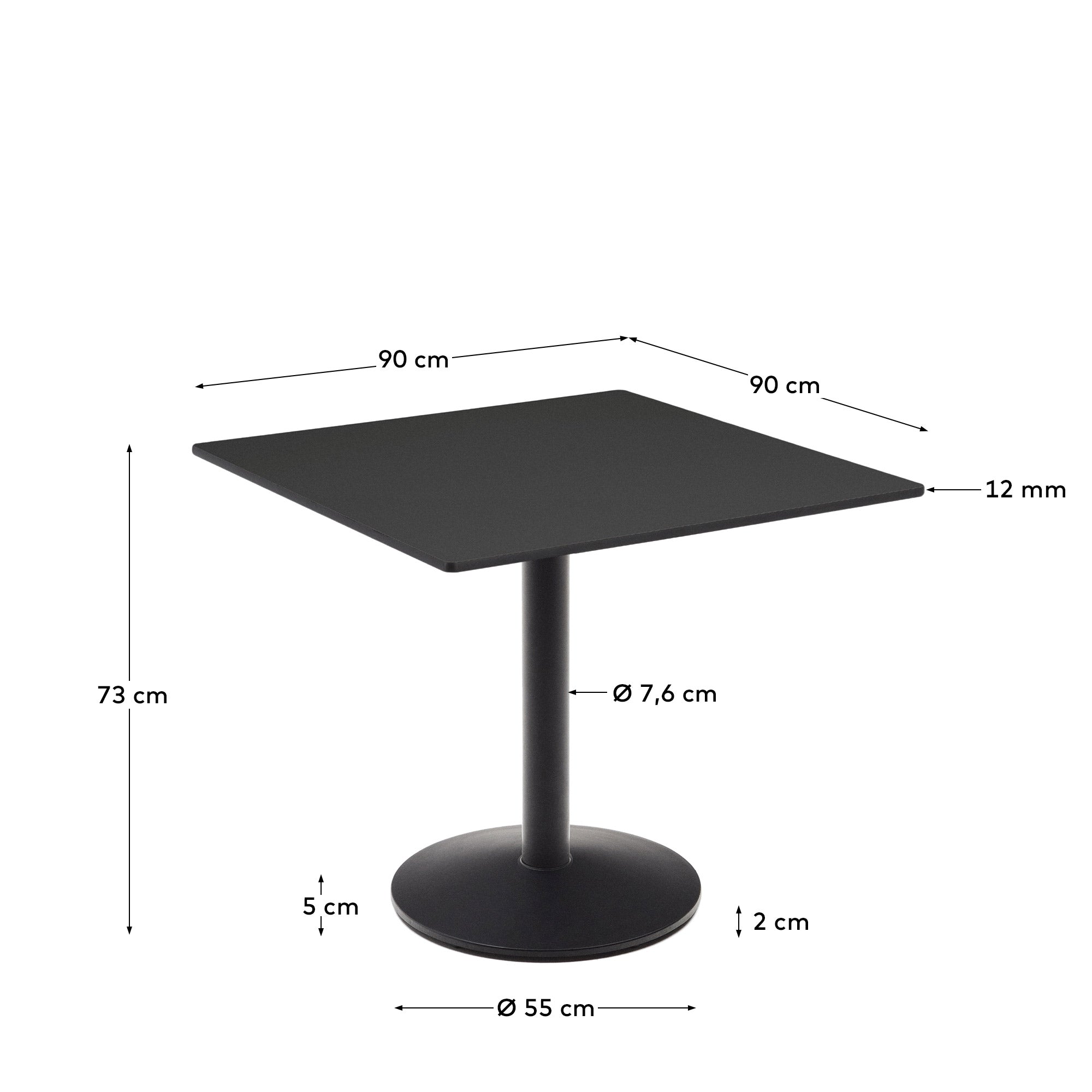 Esilda outdoor table in black with metal leg in a painted black finish, 90 x 90 x 70 cm - Measurements