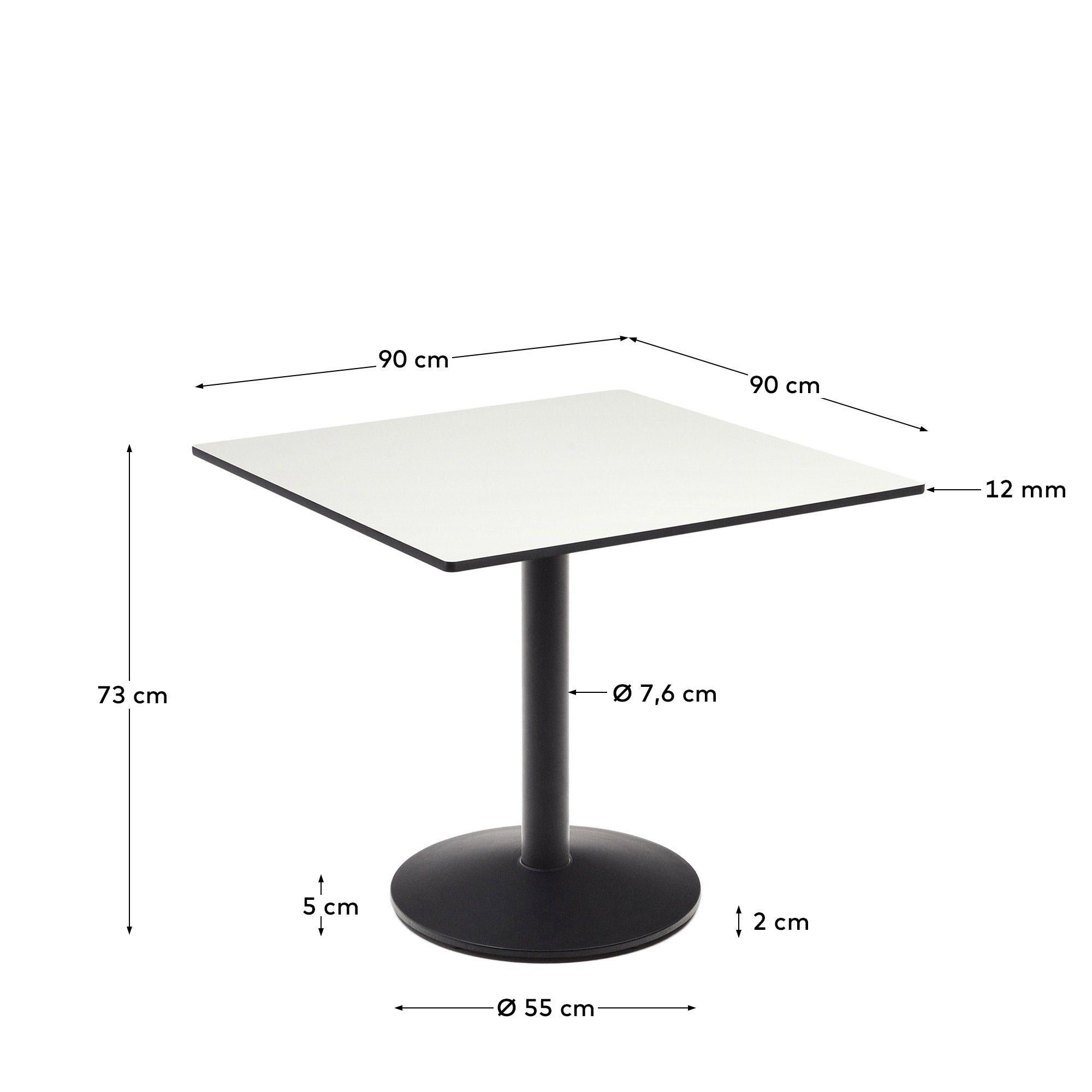Esilda outdoor table in white with metal leg in a painted black finish, 90 x 90 x 70 cm - Measurements