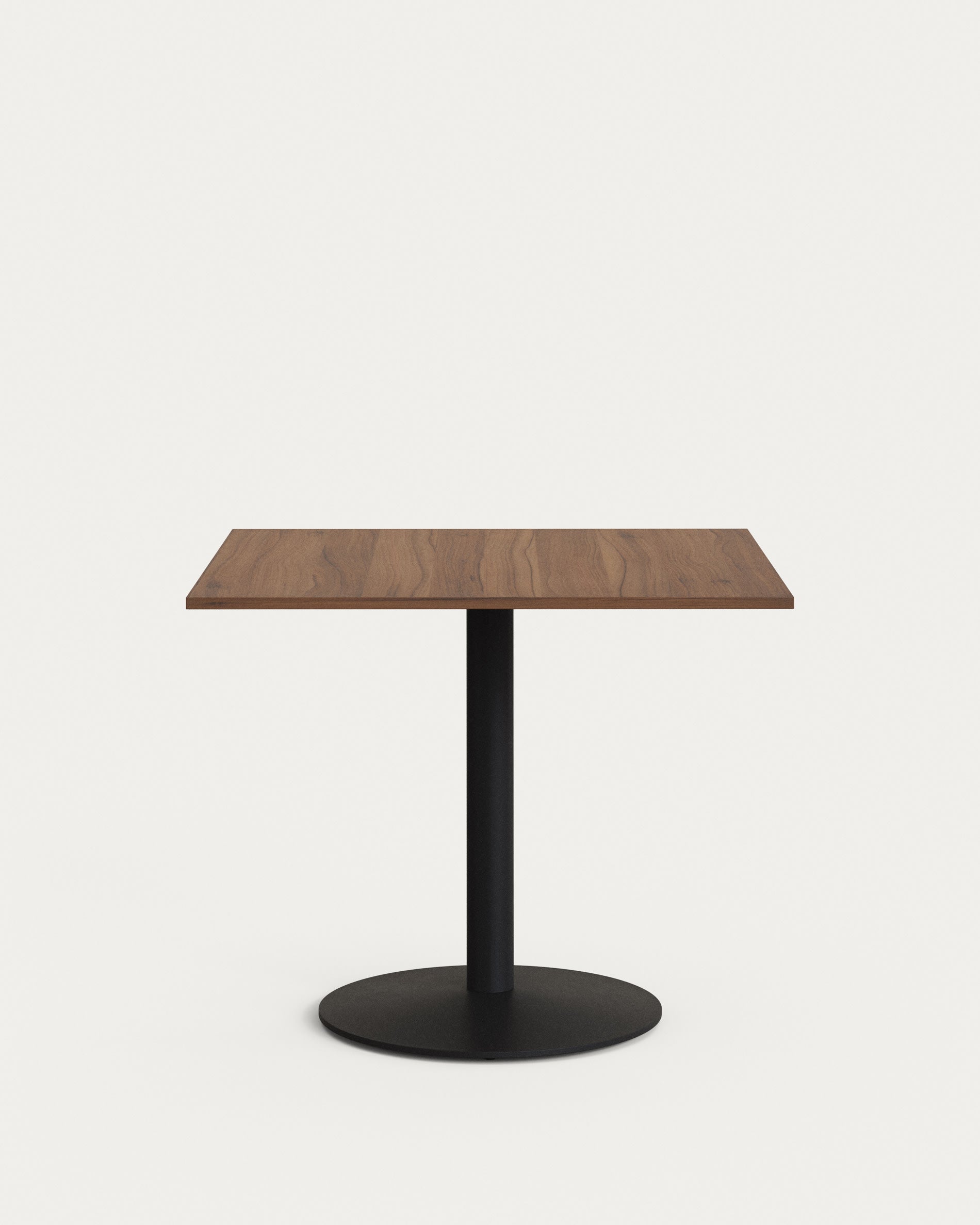 Esilda table with walnut finish melamine and painted black metal legs, 90 x 90 x 70 cm