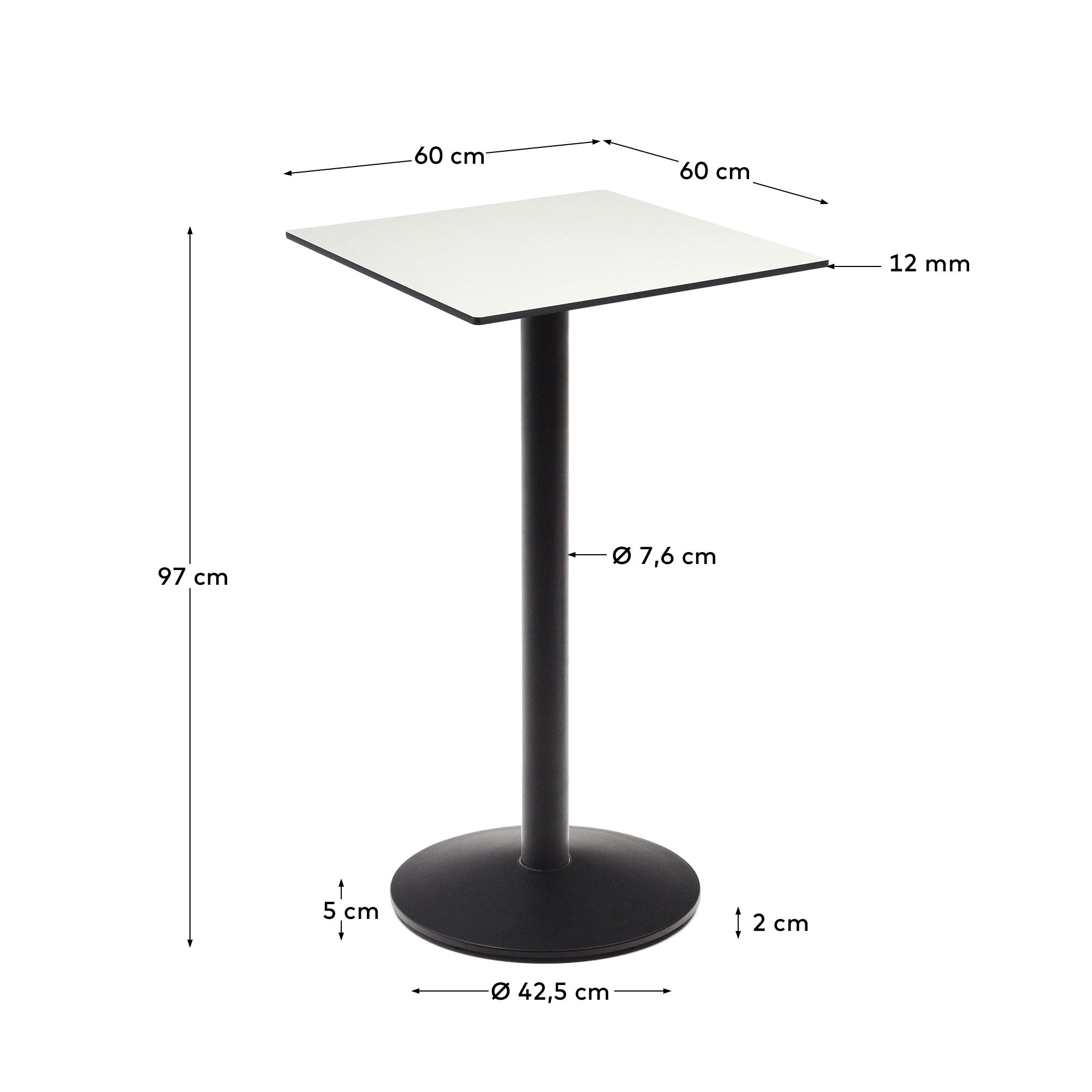 Esilda high table in white with metal leg in a painted black finish, 60 x 60 x 96 cm - Measurements