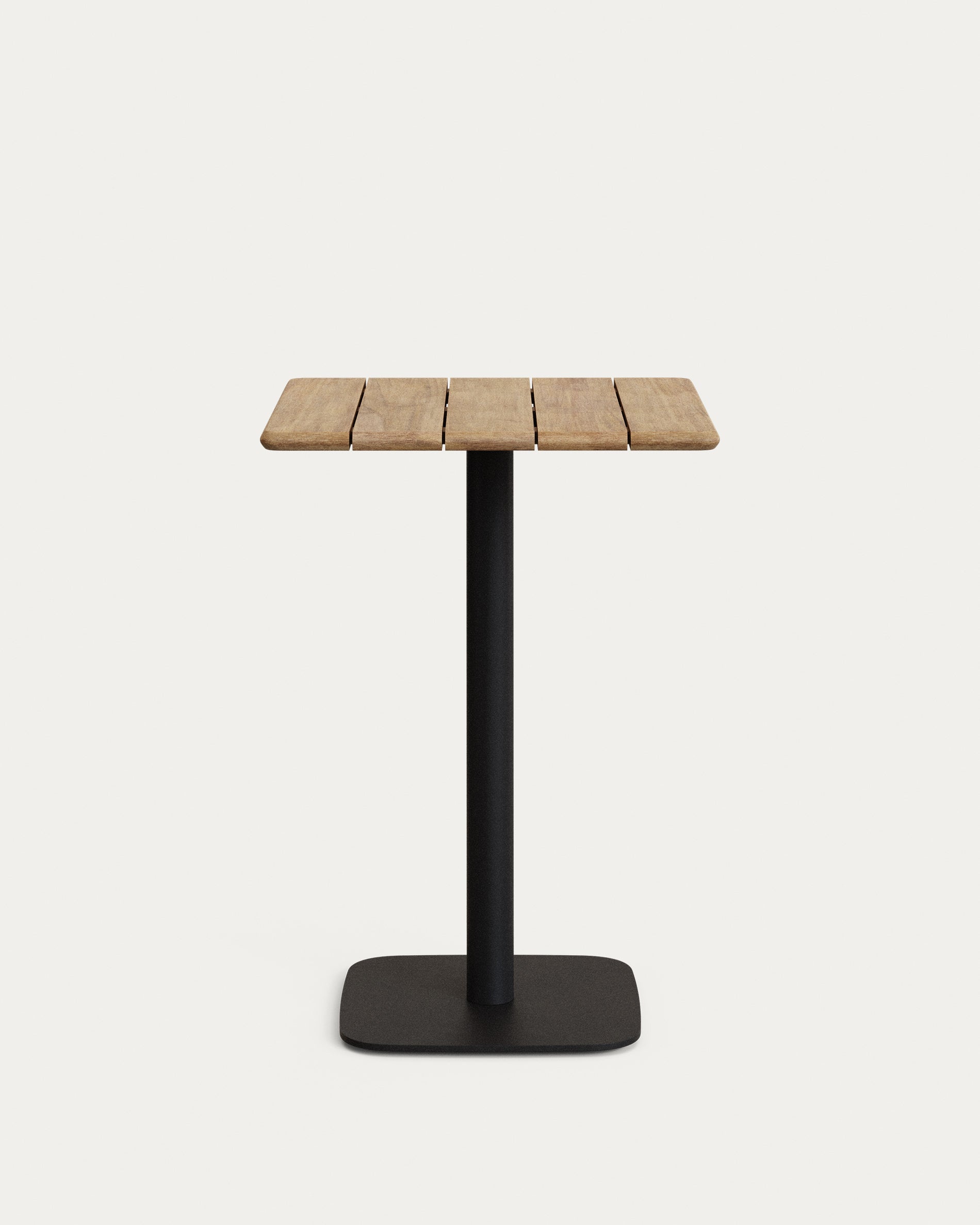 Saura négyzet alakú magas bárasztal fekete acélkerettel és természetes befejezésű akácia tetejével 96x70x70cm