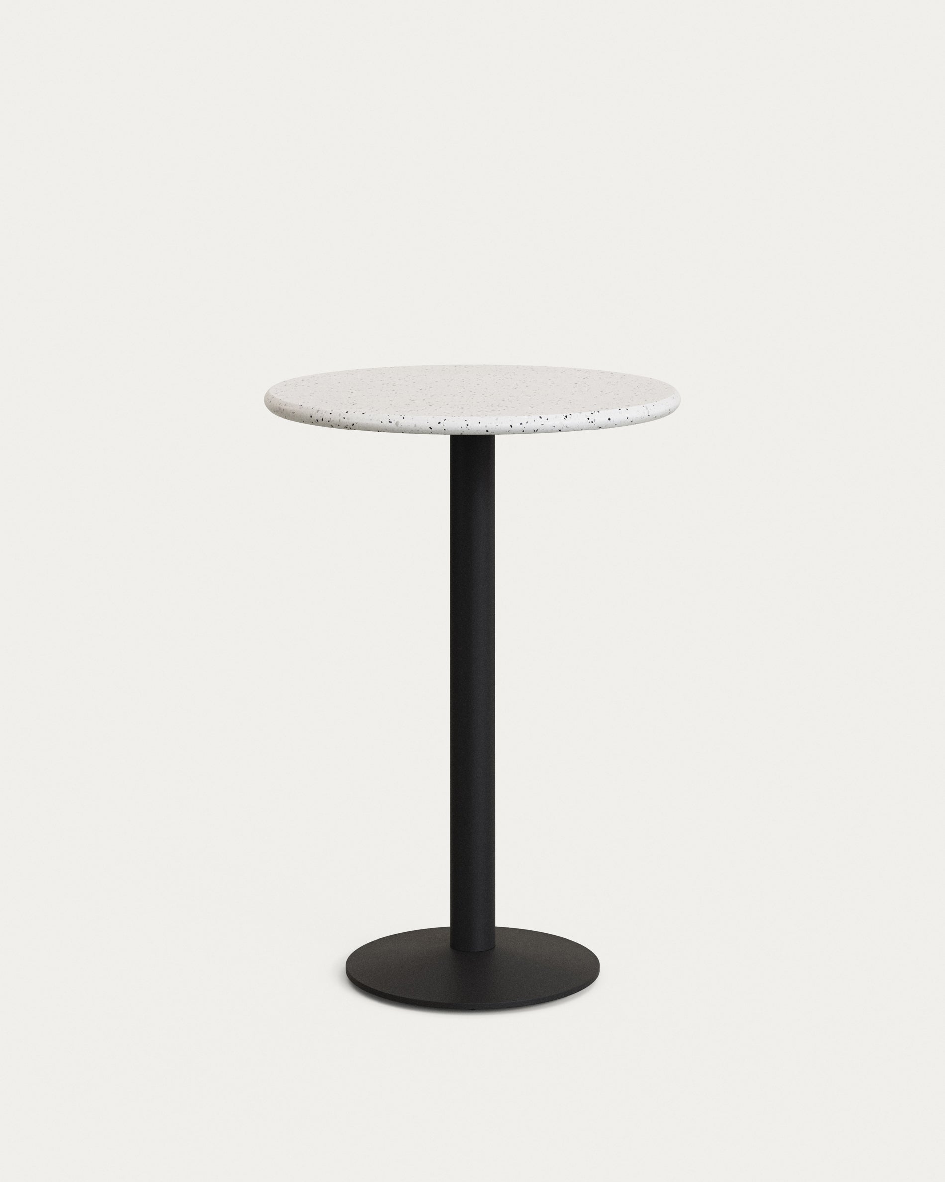 Saura round high bar table made of black metal with a white terrazzo top, 96 x Ø70 cm - Product View