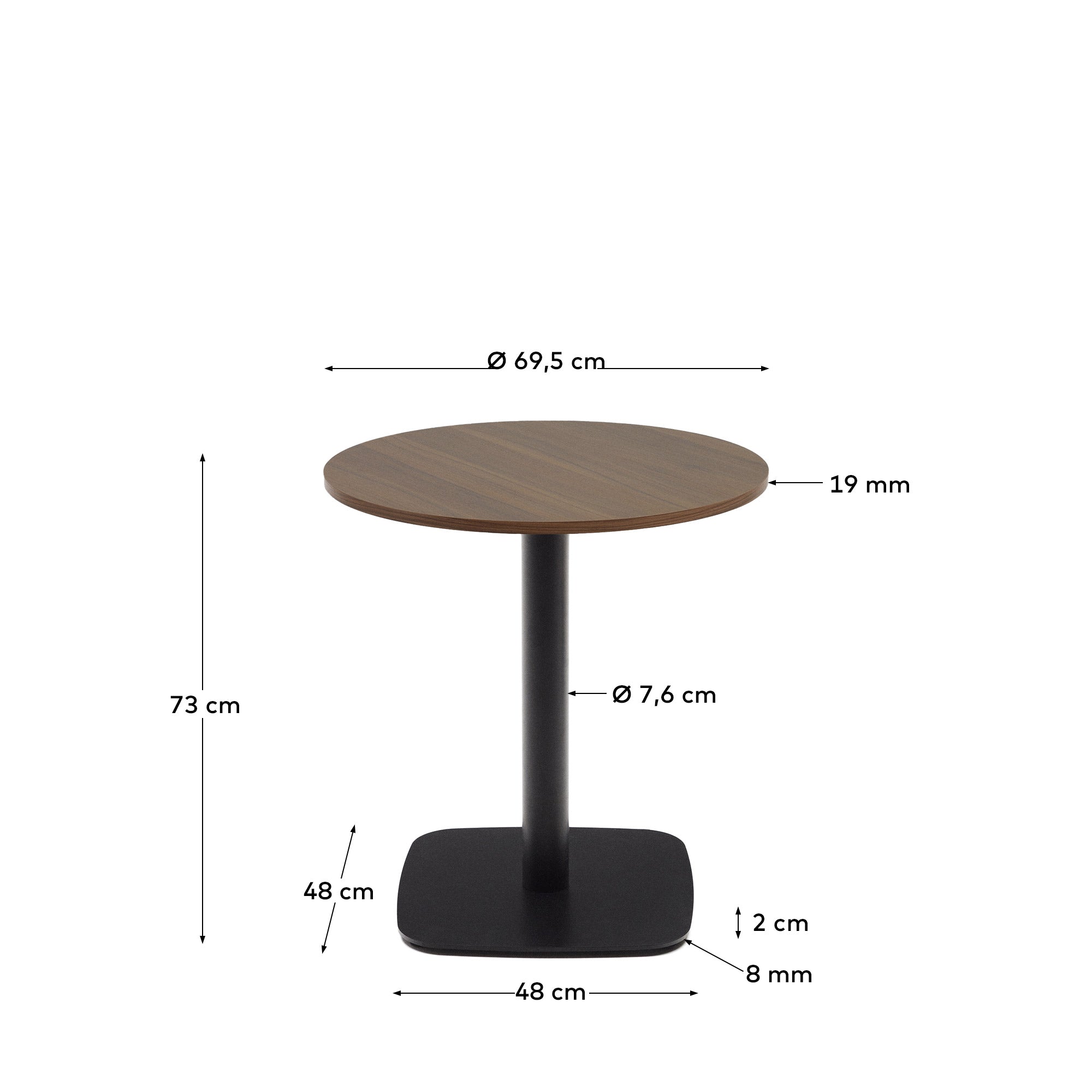 Dina round table in walnut finish melamine with metal leg in a painted black finish, Ø 68x70 cm - Measurements