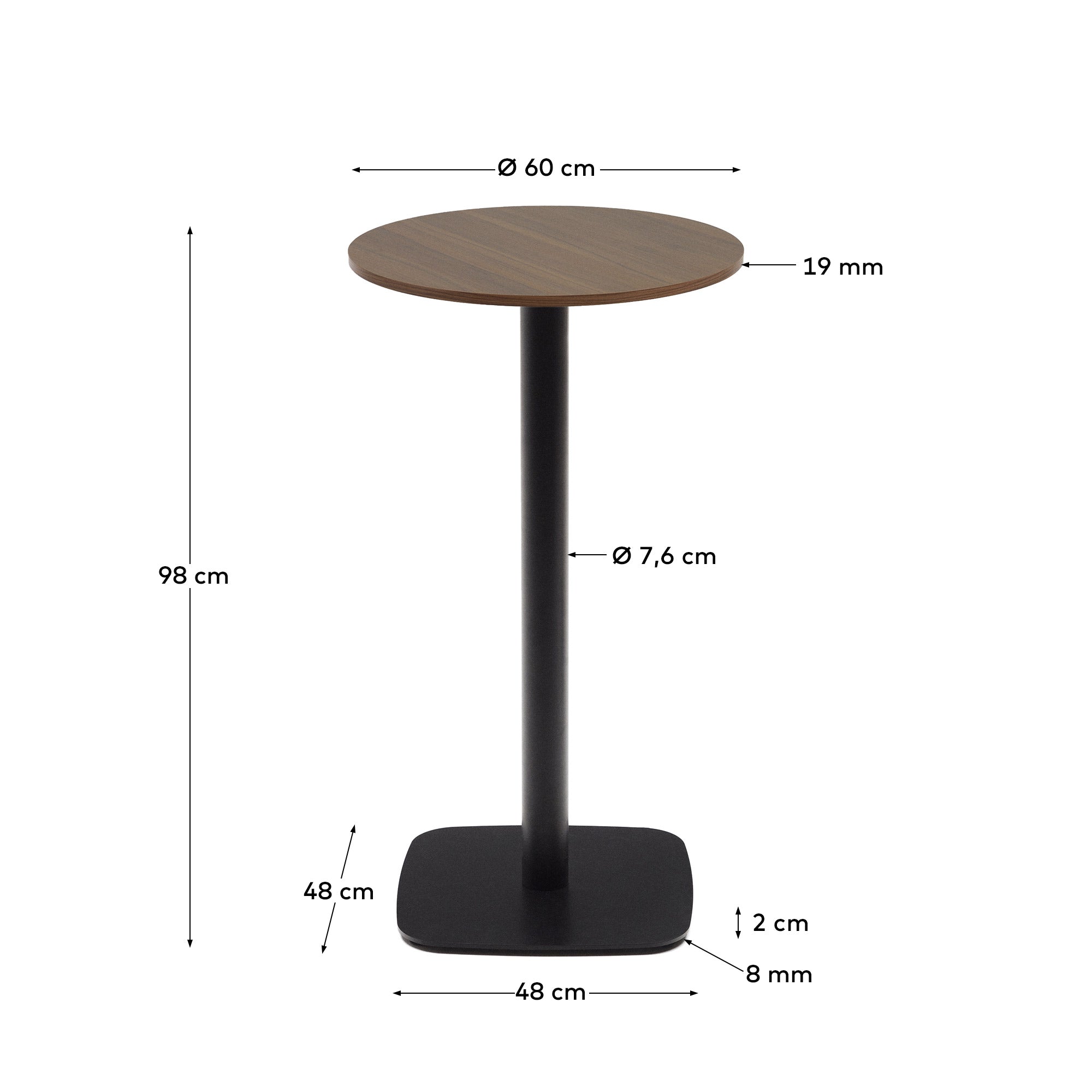 Dina high round table in walnut finish melamine with metal leg in a painted black finish, Ø60x96 cm - Measurements