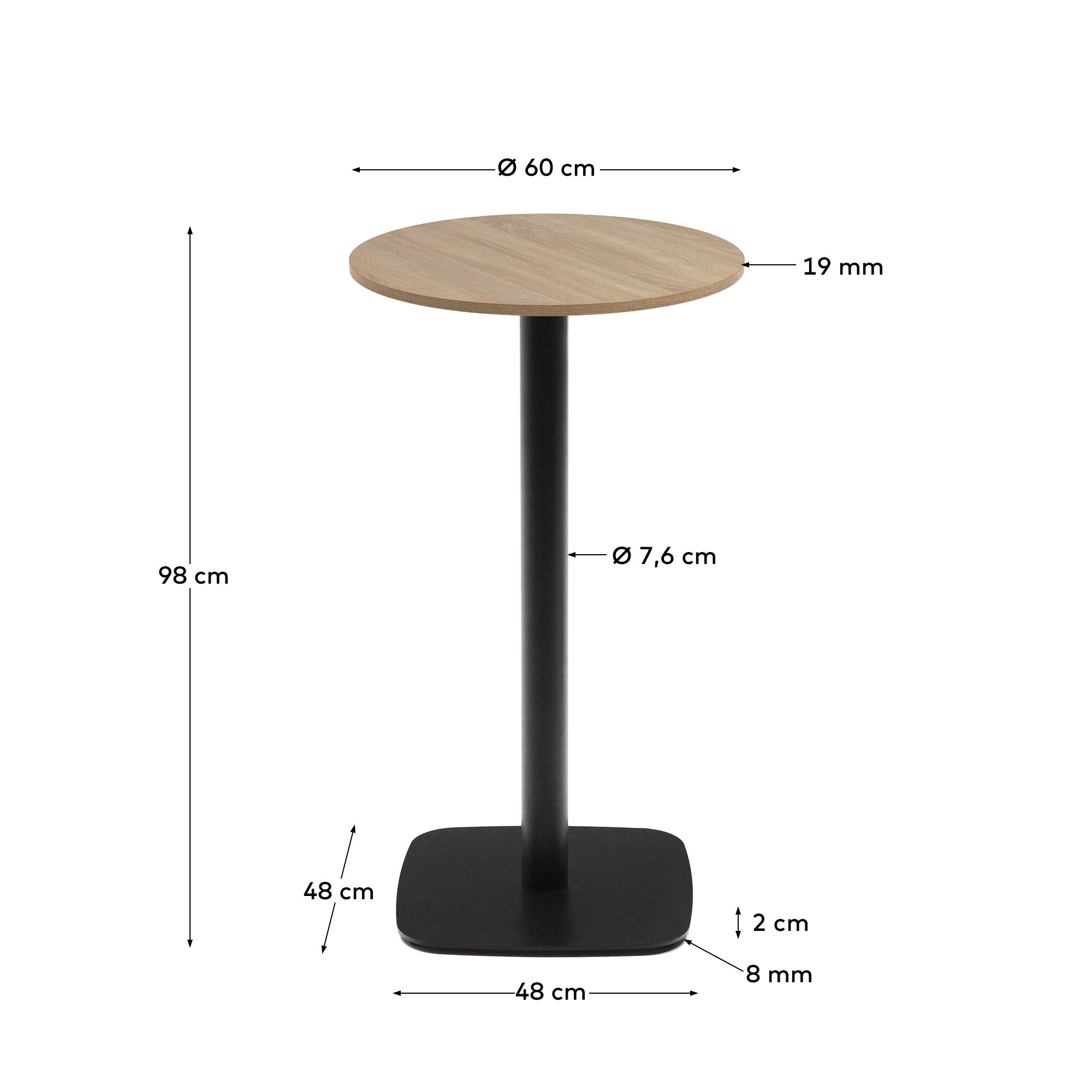 Dina high round table in natural finish melamine with metal leg in a painted black finish, Ø 60x96 cm - Measurements