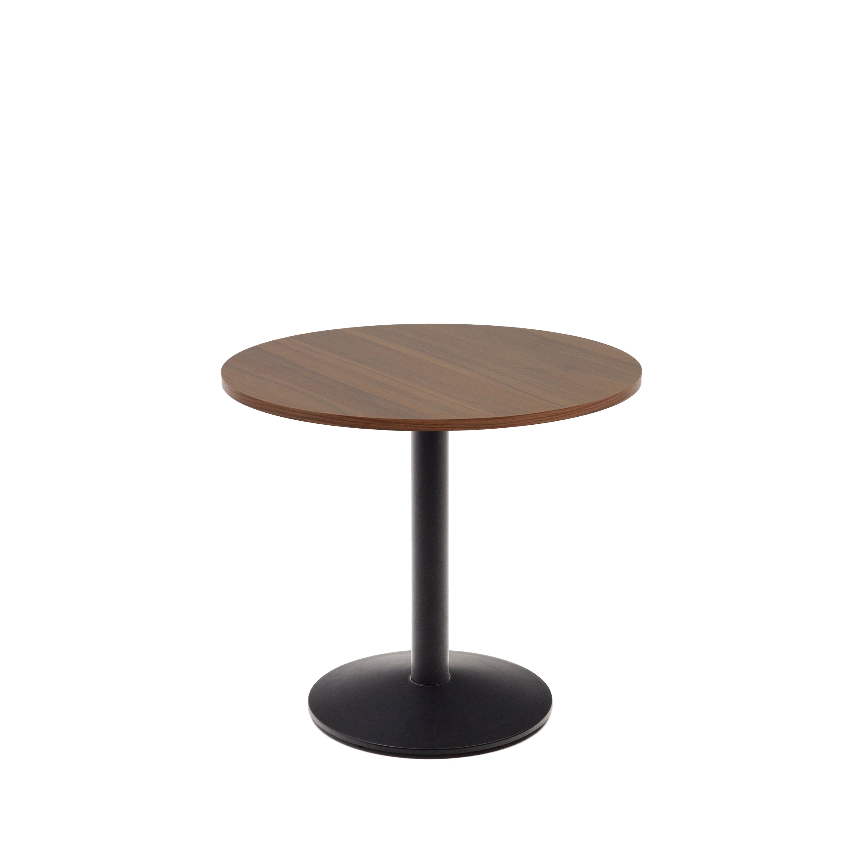 Esilda round table with walnut finish melamine and painted black metal legs, Ø90x70cm