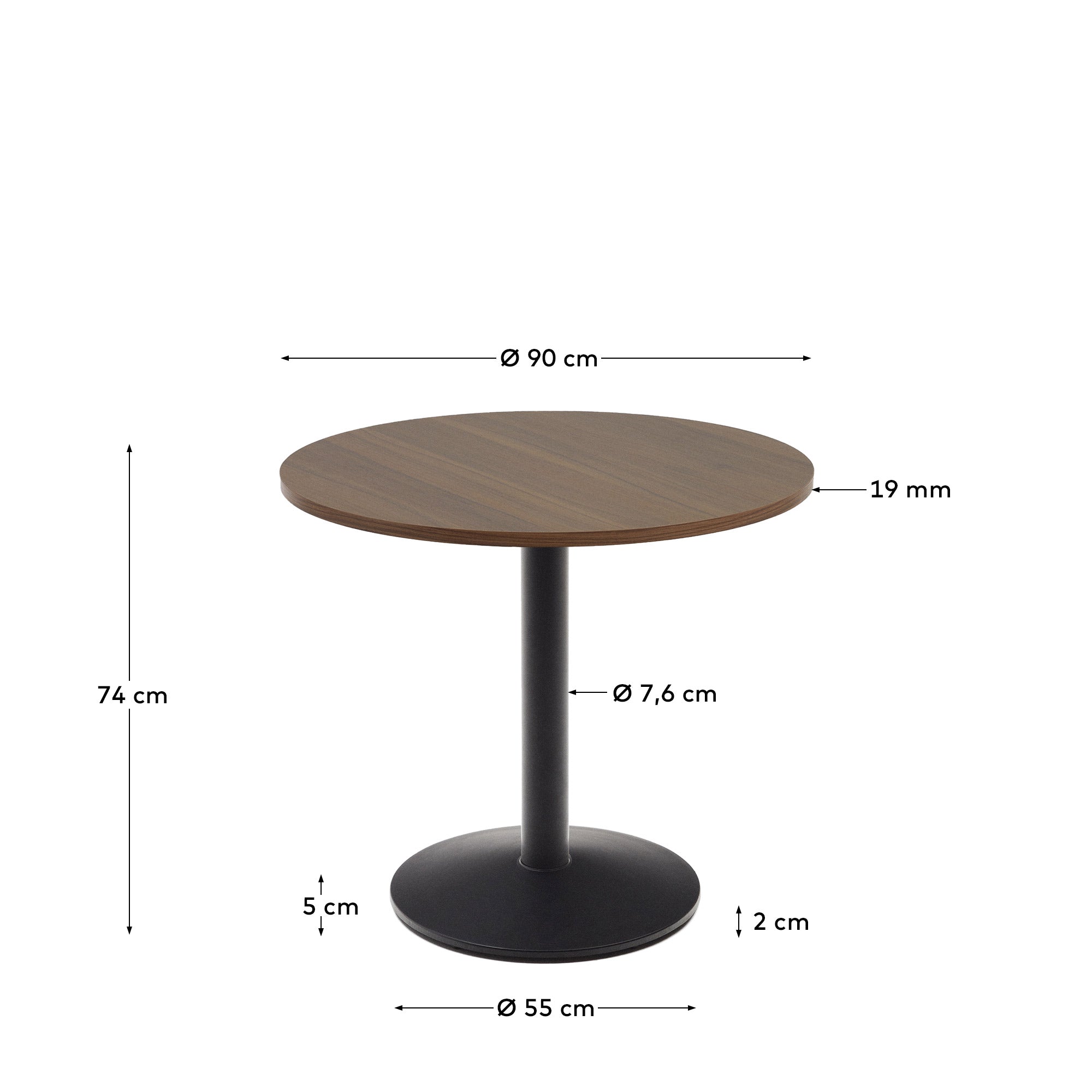 Esilda round table in walnut finish melamine with metal leg in a painted black finish, Ø90x70cm - Measurements