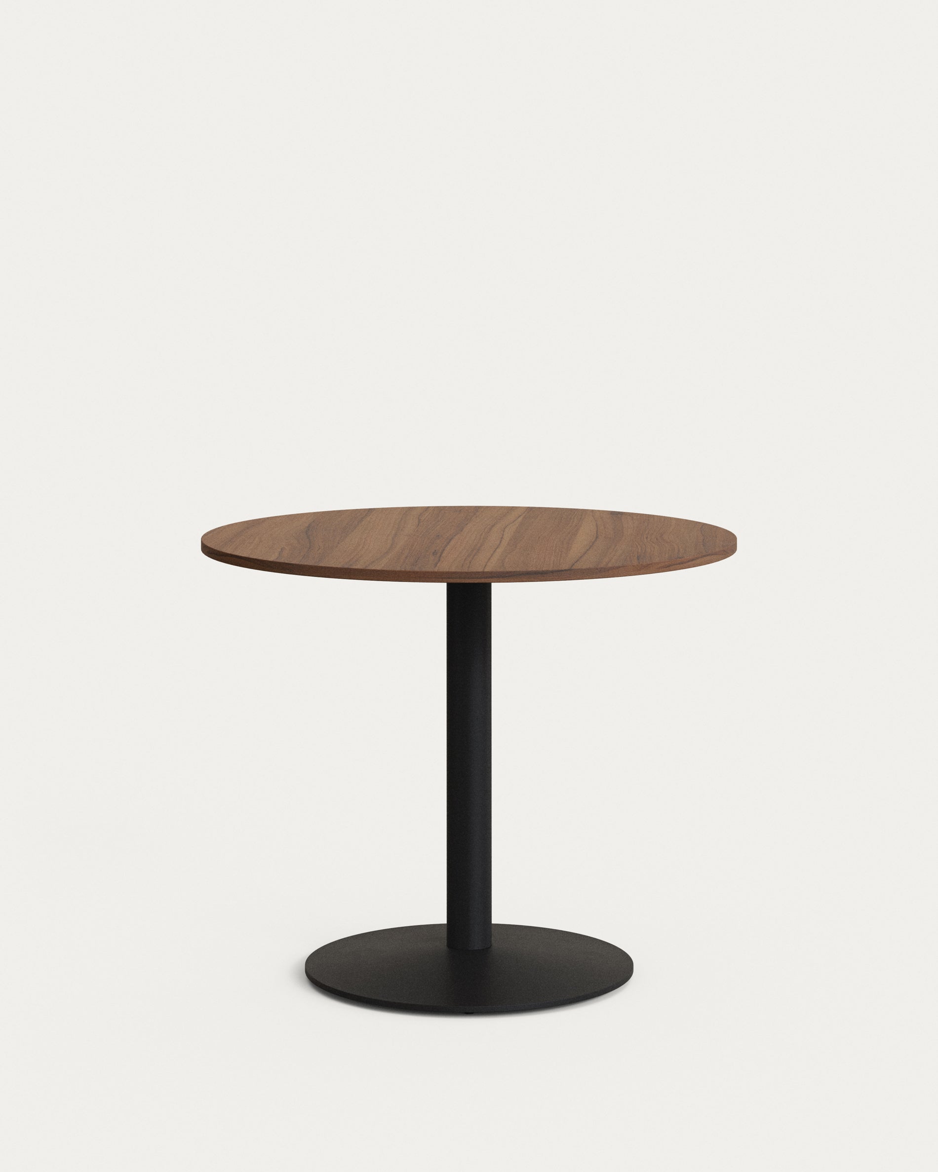 Esilda round table in walnut finish melamine with metal leg in a painted black finish, Ø90x70cm - Product View