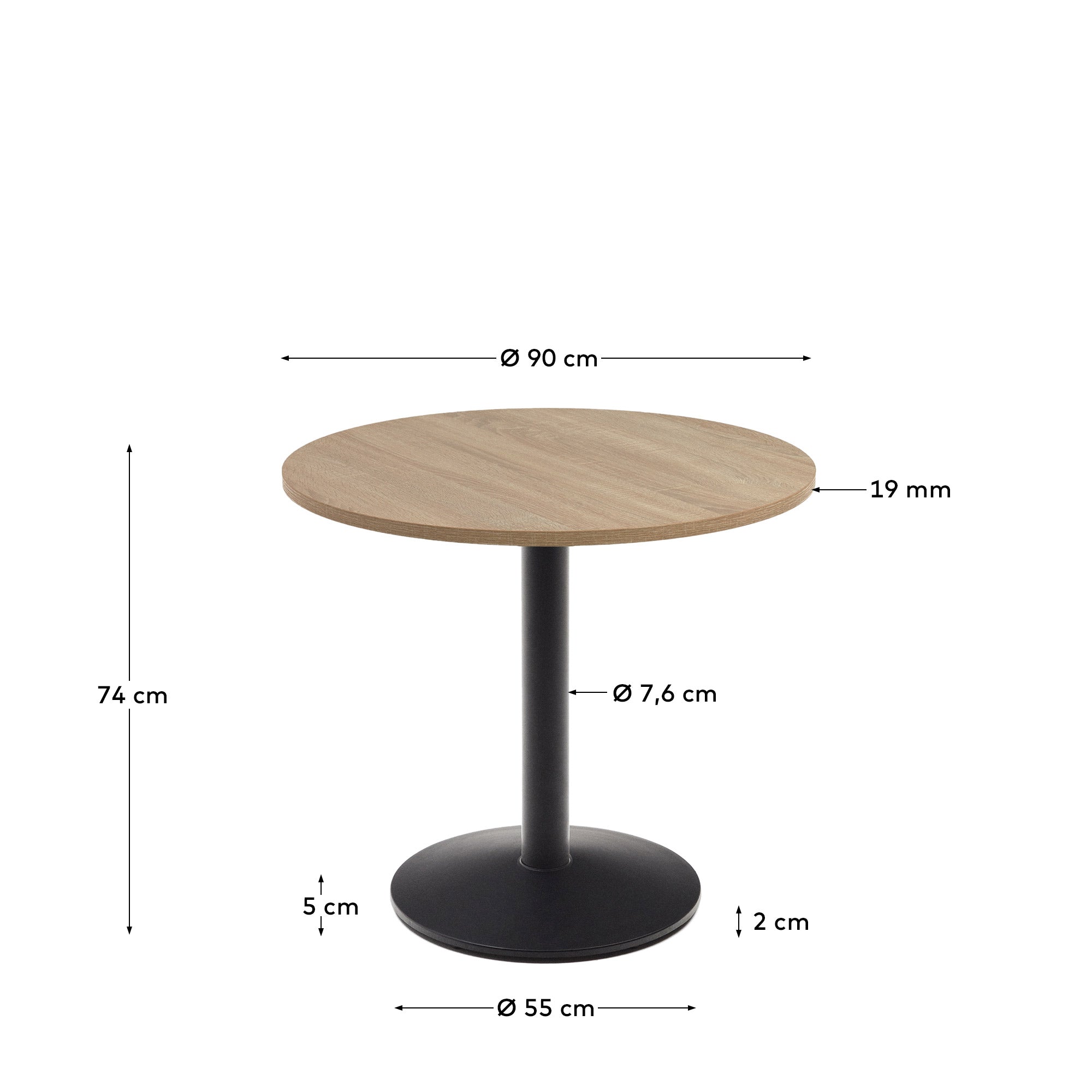 Esilda round table in natural finish melamine with metal leg in a painted black finish, Ø90x70cm - Measurements