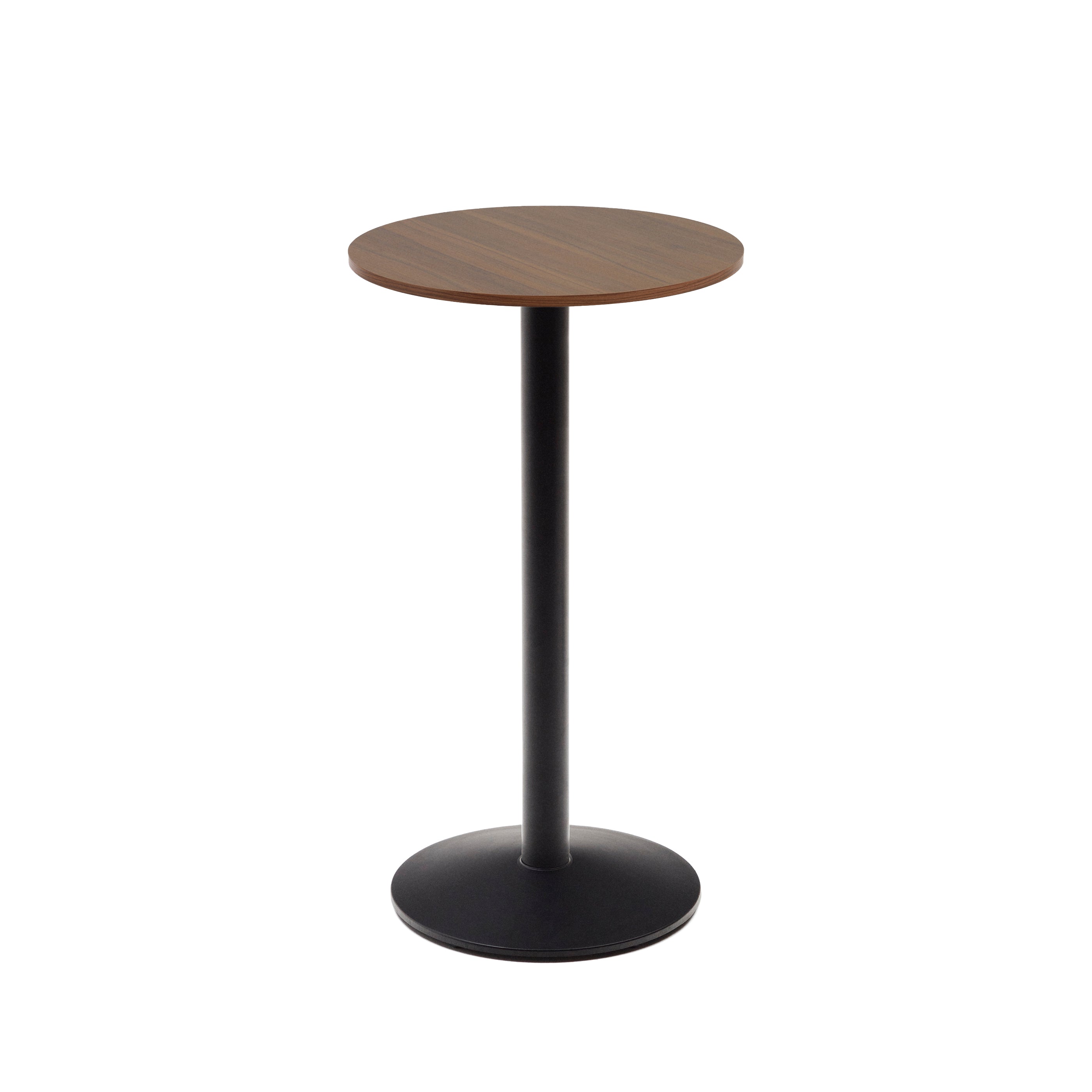 Esilda high round table in walnut finish melamine with metal leg in a painted black finish, Ø60x96cm - Product Image