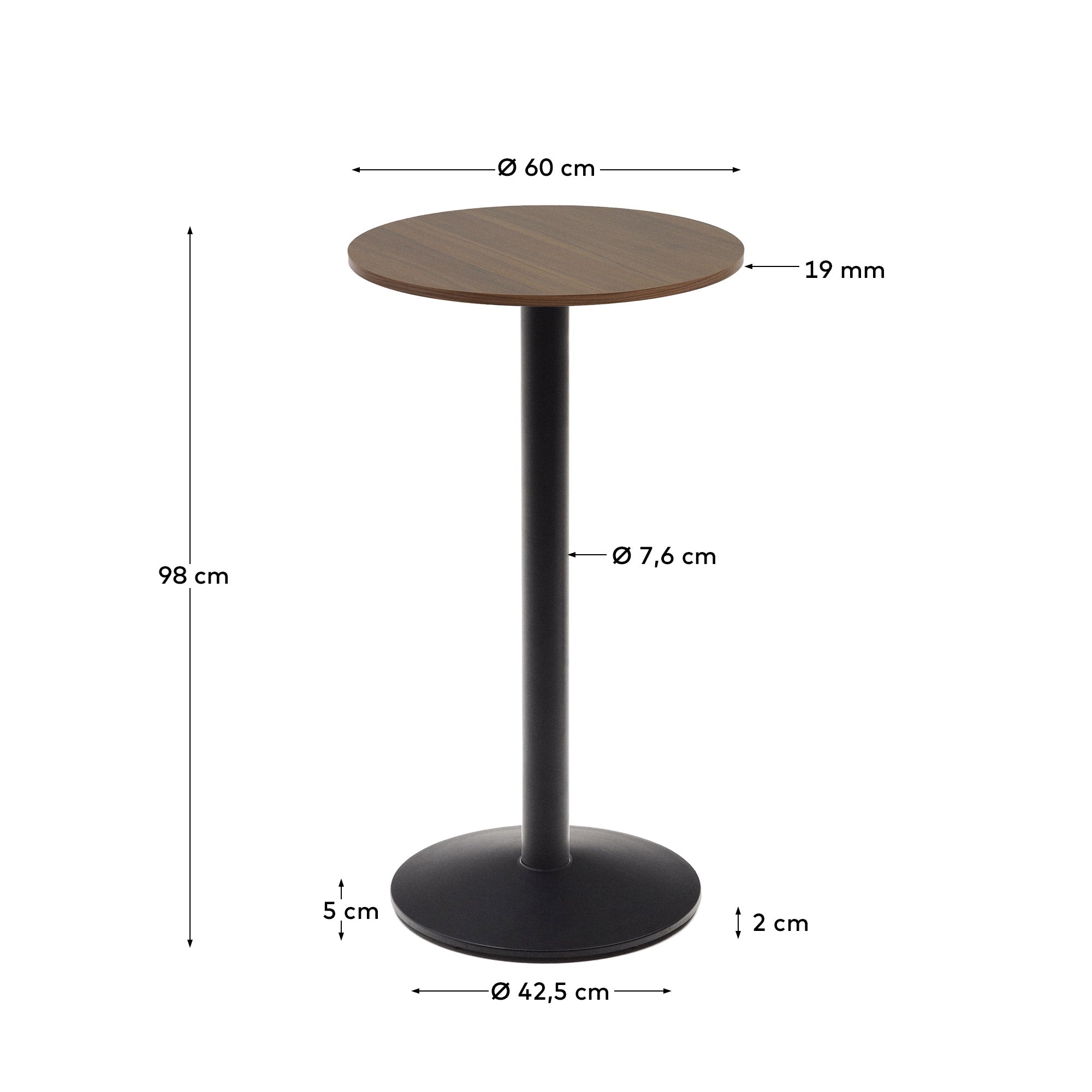 Esilda high round table in walnut finish melamine with metal leg in a painted black finish, Ø60x96cm - Measurements
