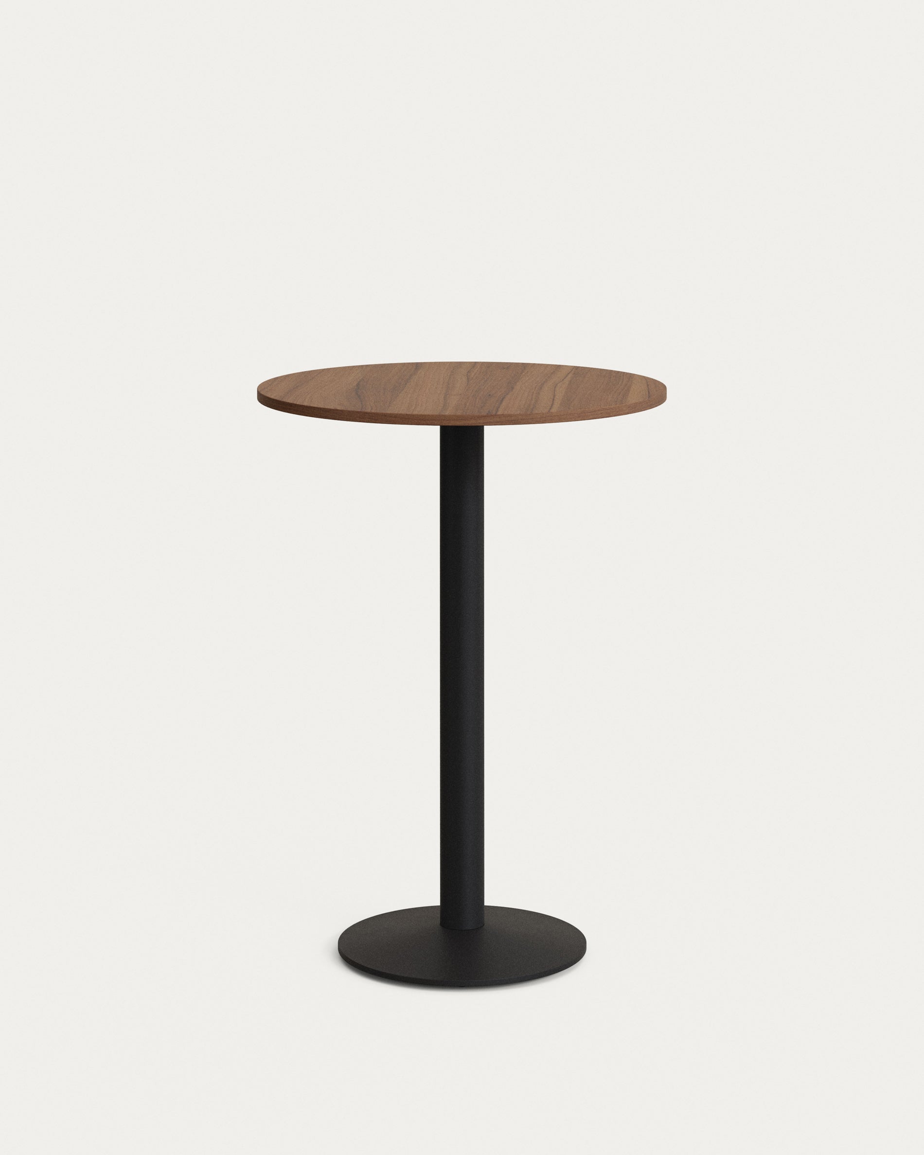 Esilda high round table in walnut finish melamine with metal leg in a painted black finish, Ø60x96cm - Product View