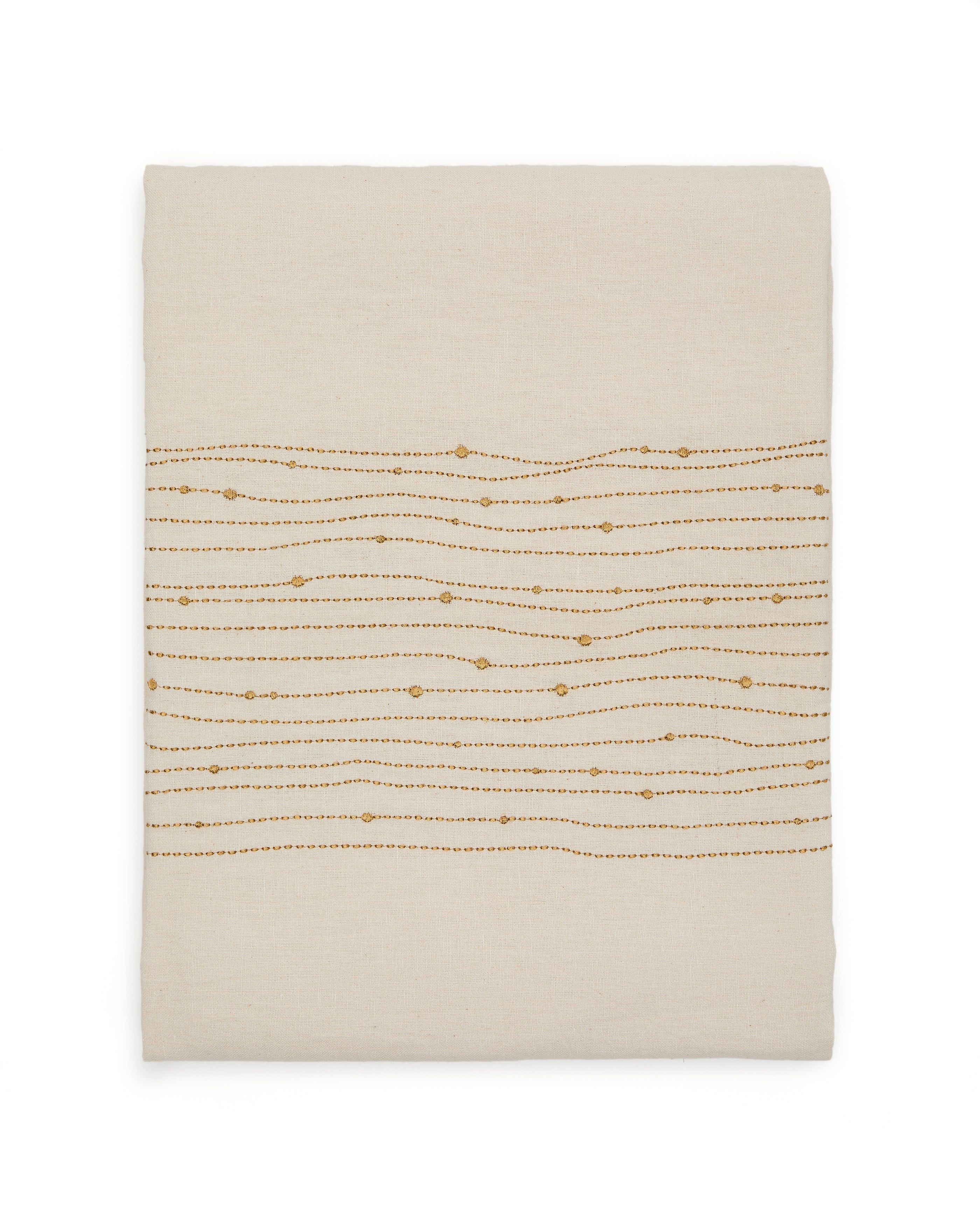 Flia white linen and cotton tablecloth gold-coloured lurex embroidered detail, 150 x 250 cm - Product Image