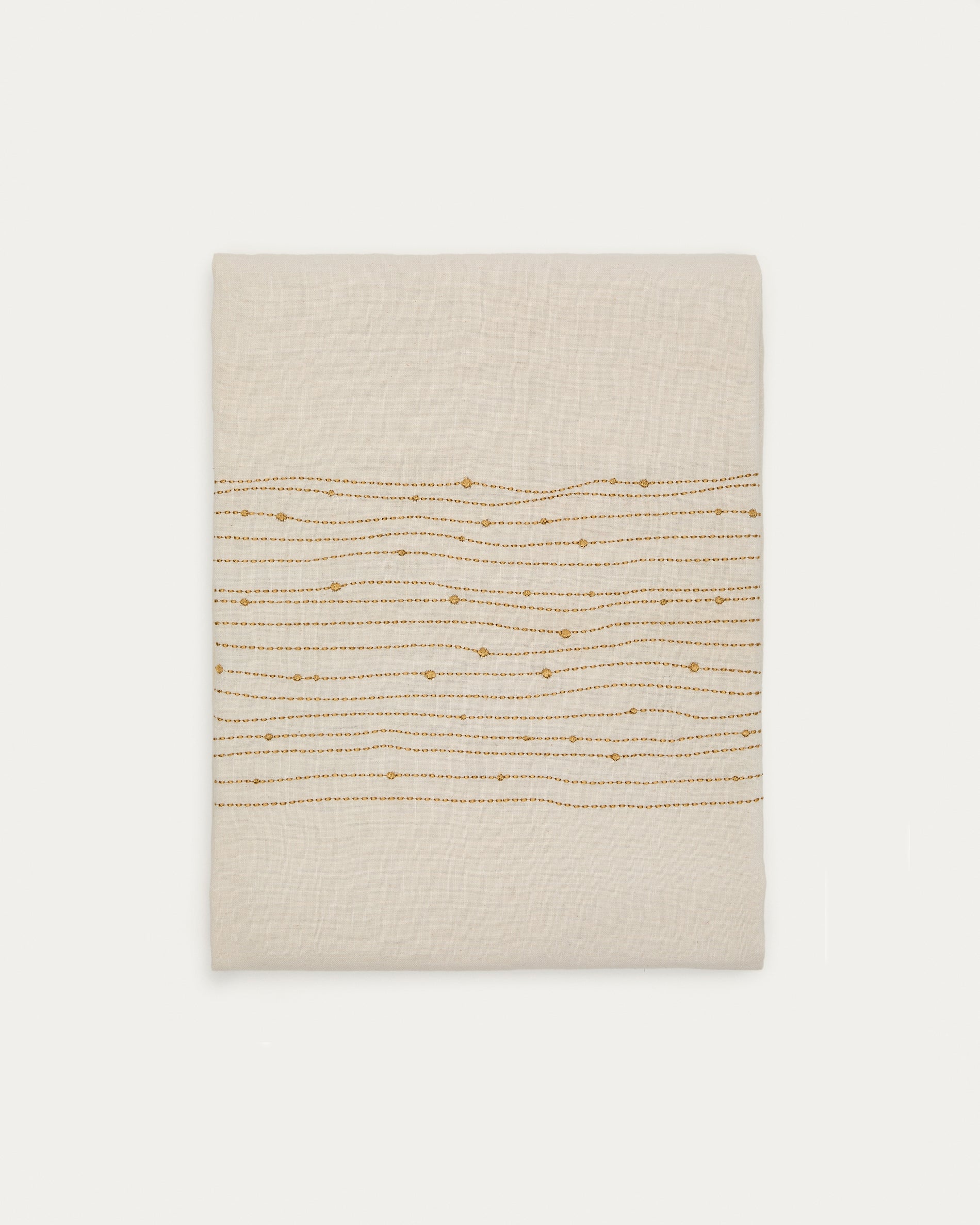 Flia white linen and cotton tablecloth gold-coloured lurex embroidered detail, 150 x 250 cm - Product View