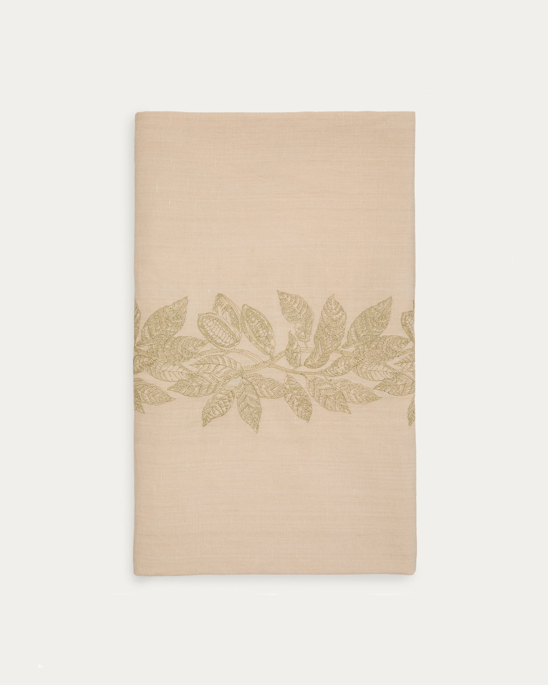 Oreti tablecloth in beige cotton and linen and cocoa embroidery feature, 150x250cm - Product View
