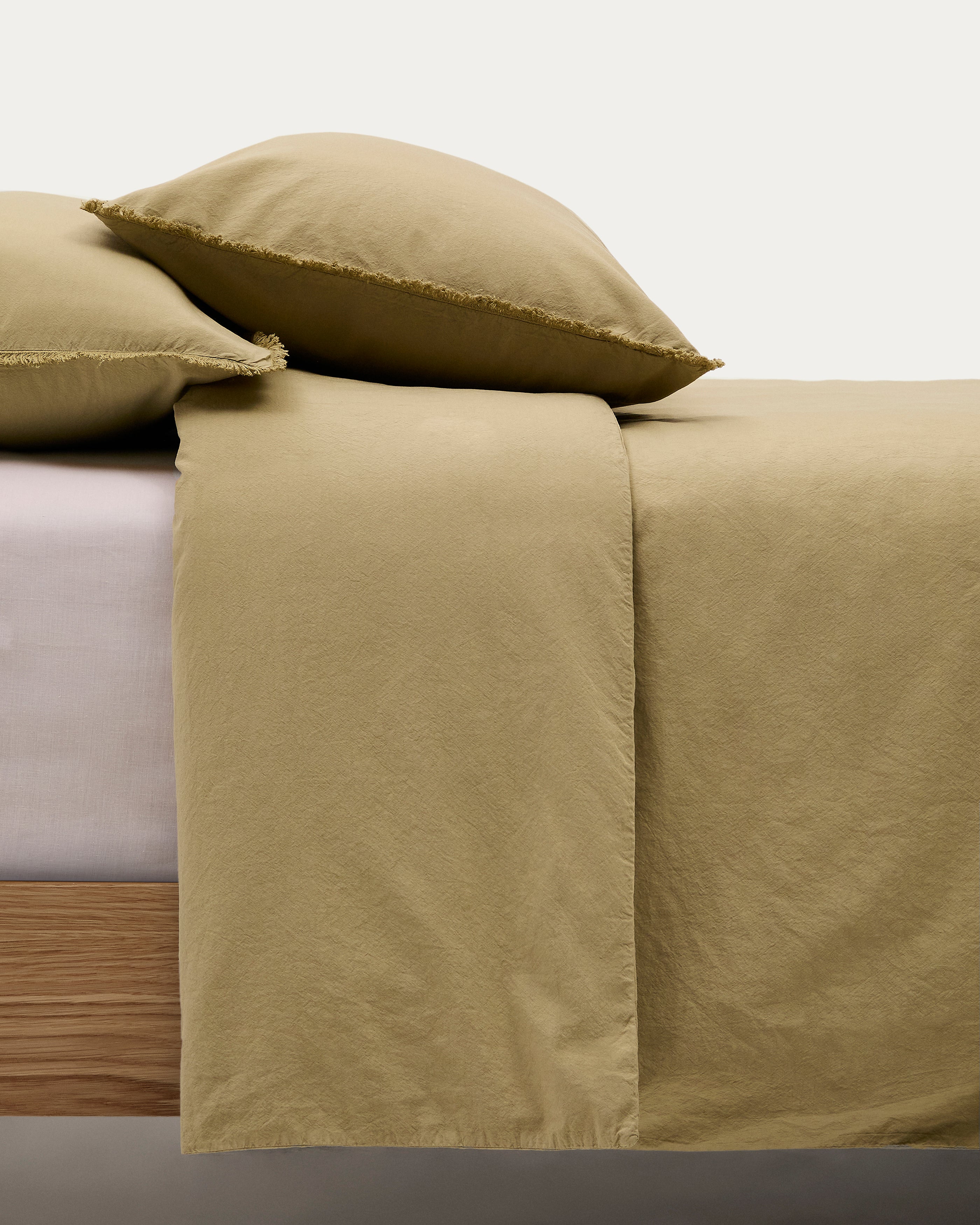 Sifinia green duvet cover and pillowcase set, 100% cotton percale fringes, 180 cm bed - Product Image