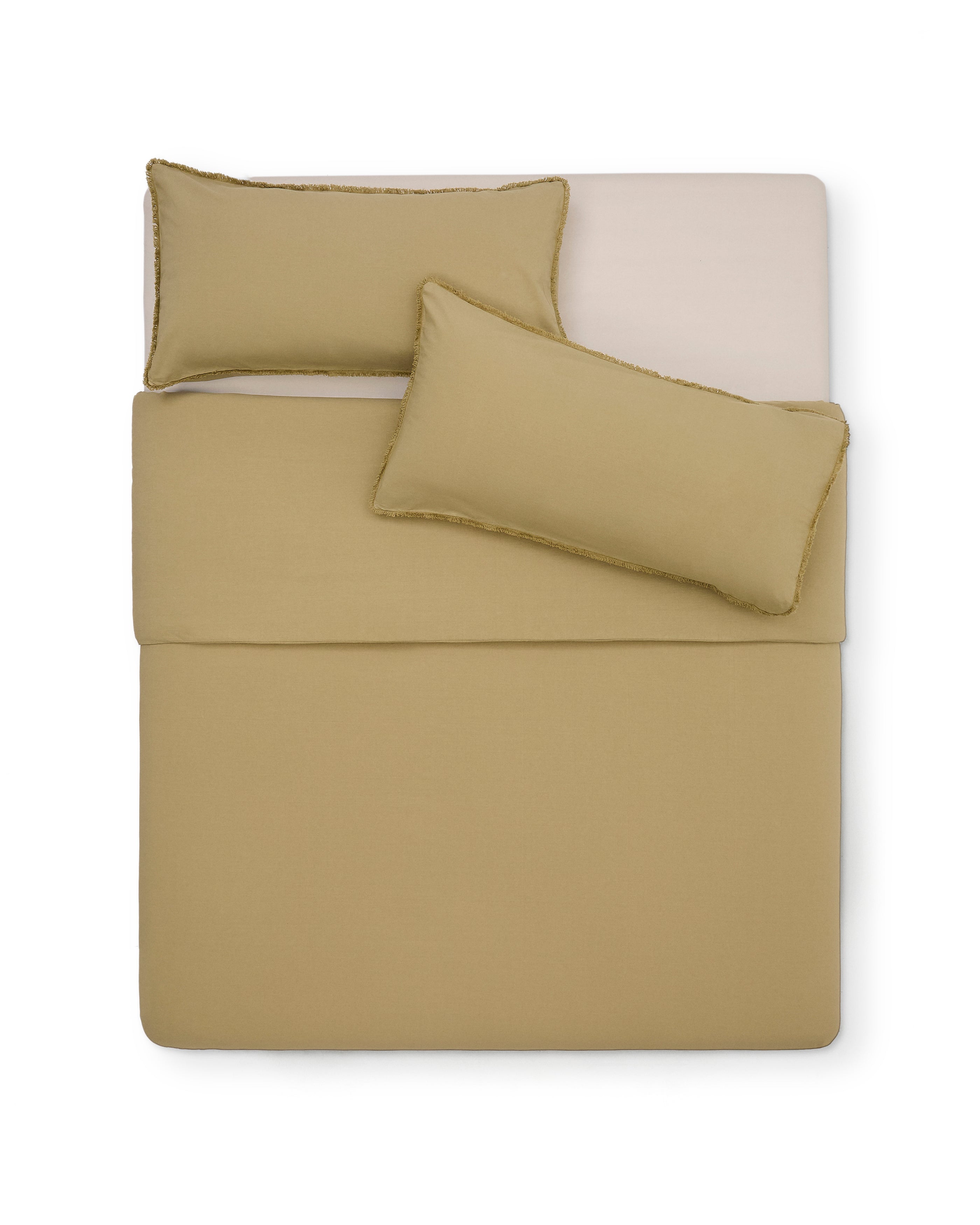 Sifinia green duvet cover and pillowcase set, 100% cotton percale fringes, 180 cm bed - Product Image