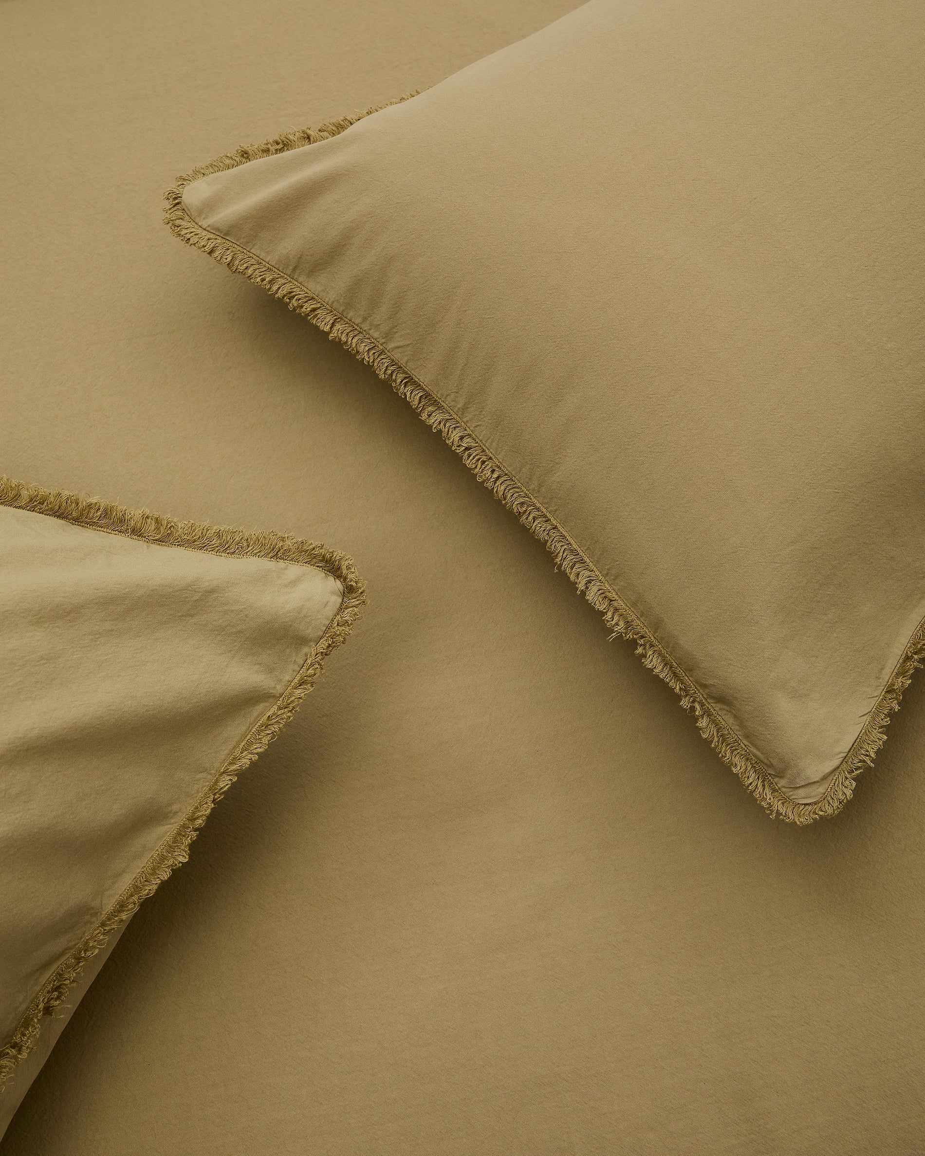 Sifinia green duvet cover and pillowcase set, 100% cotton percale fringes, 180 cm bed - Detail