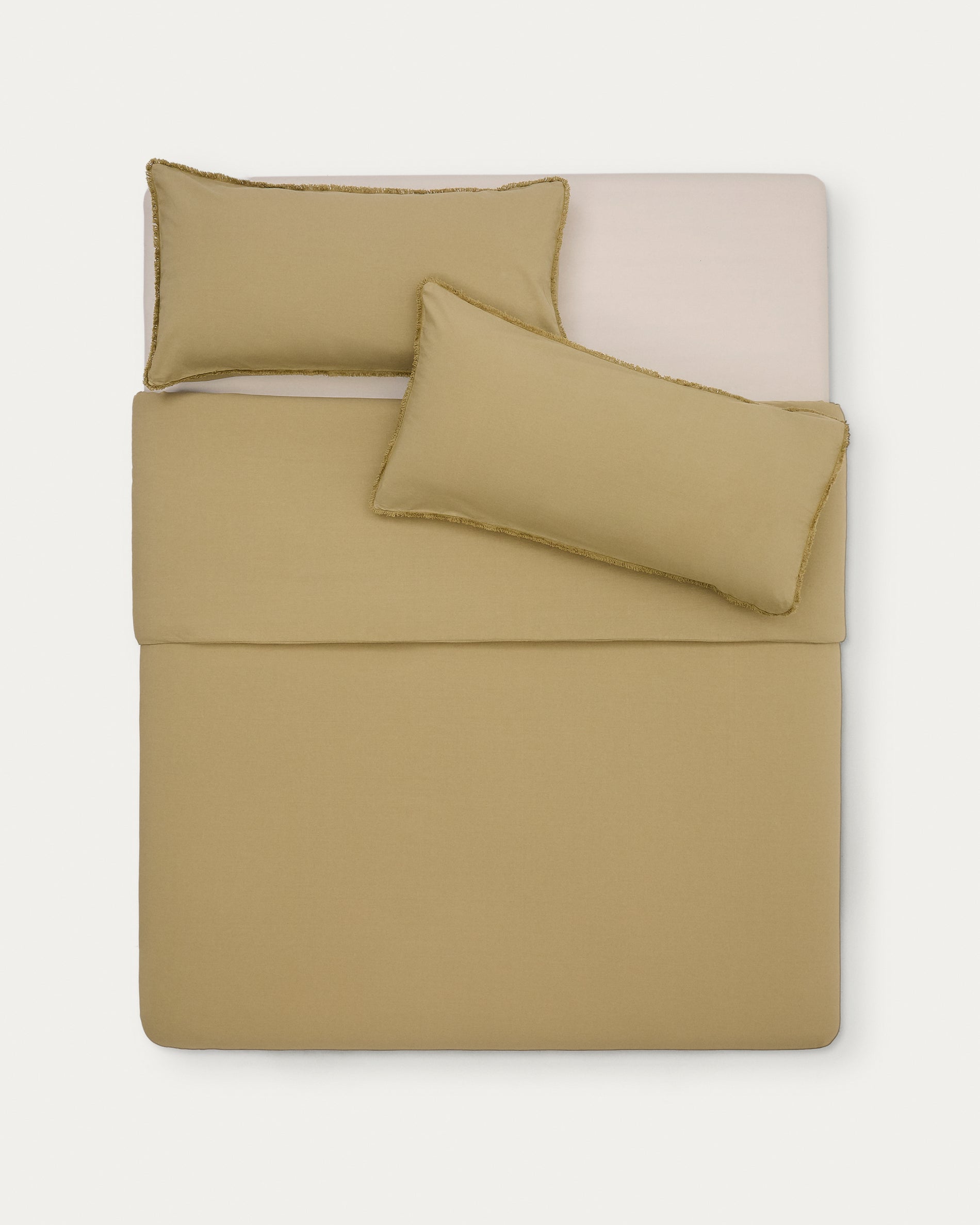 Sifinia green duvet cover and pillowcase set, 100% cotton percale fringes, 180 cm bed - Product View