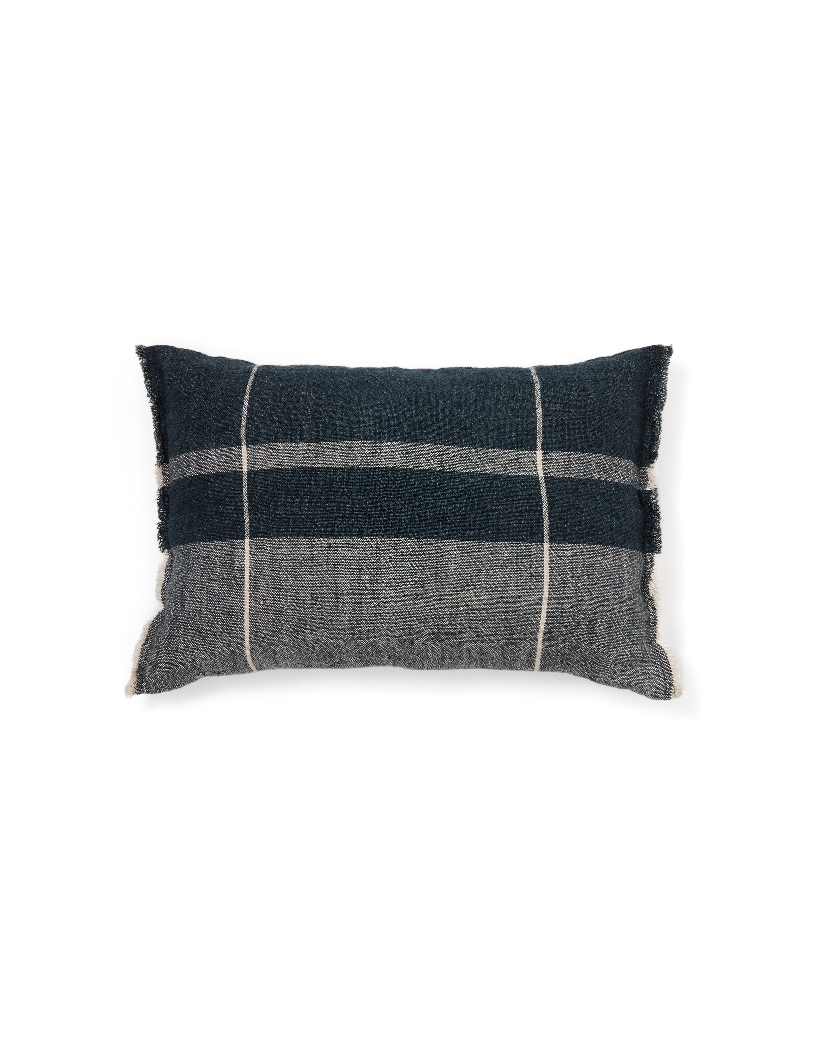Eron blue checked linen cushion cover with fringing 40 x 60cm - Product Image