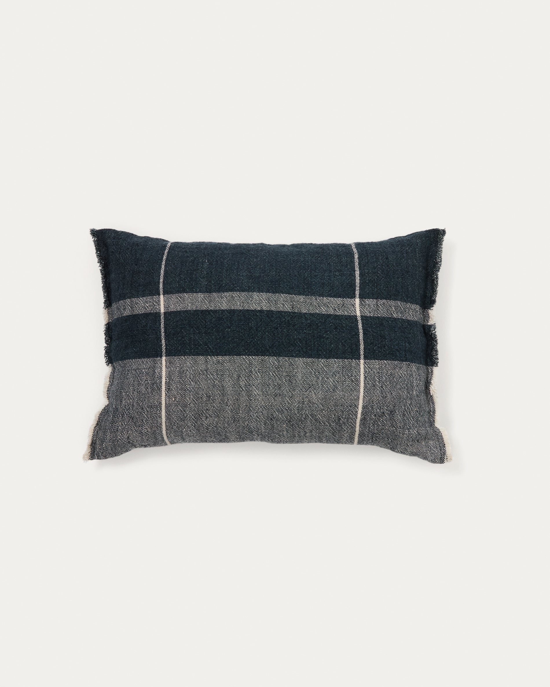 Eron blue checked linen cushion cover with fringing 40 x 60cm - Product View