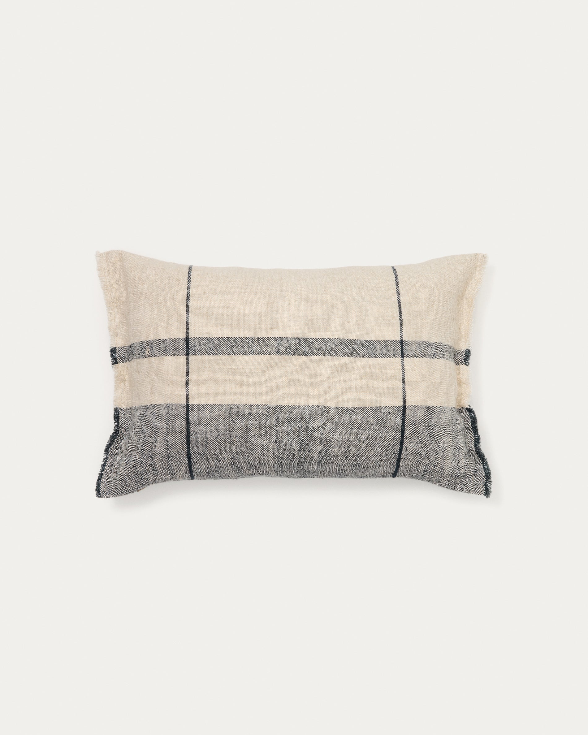 Eron beige and blue checked linen cushion cover with fringing 40 x 60cm - Product View