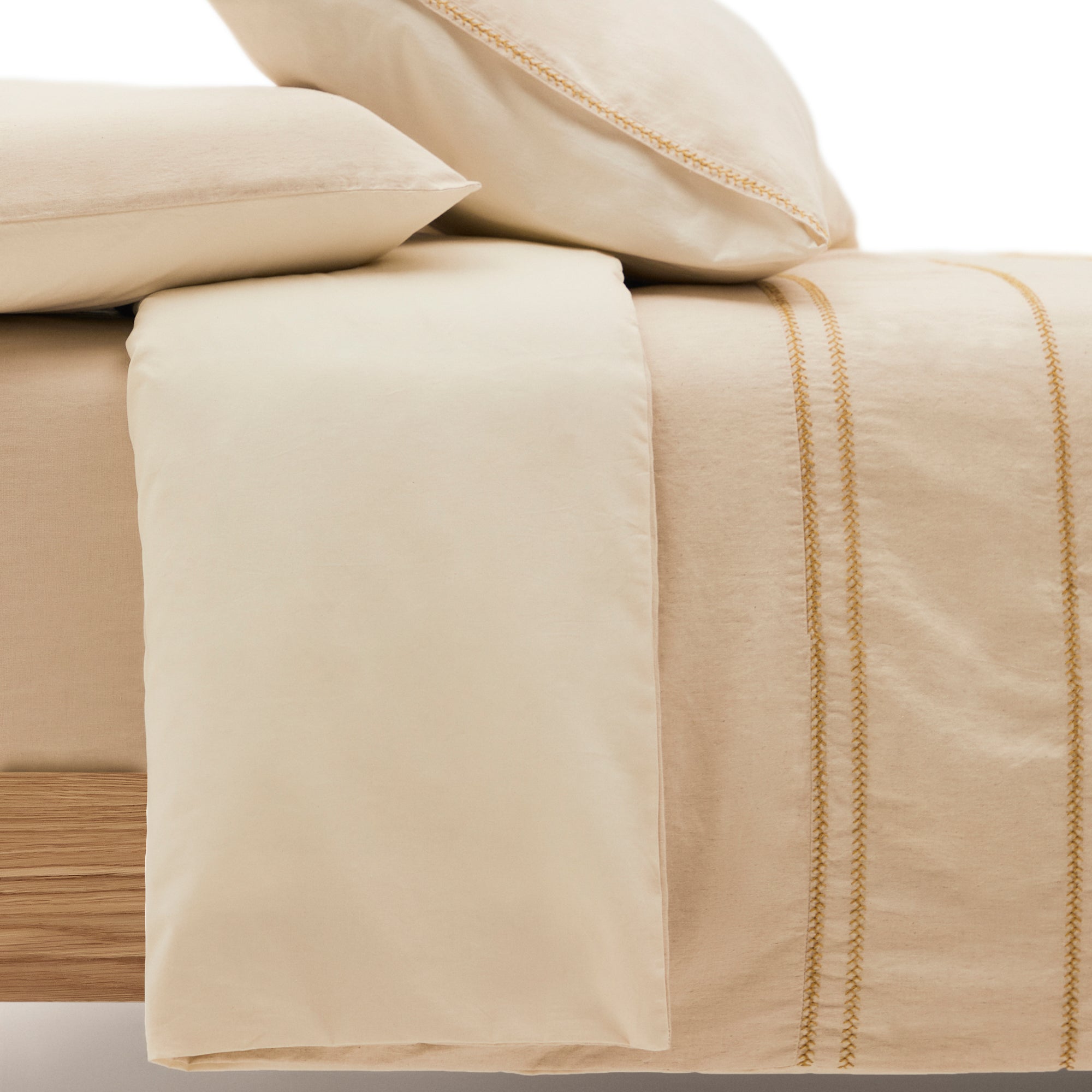 Linara Set of Duvet Cover and Pillowcases in Beige Cotton and Linen for 150 cm Bed - Product Image