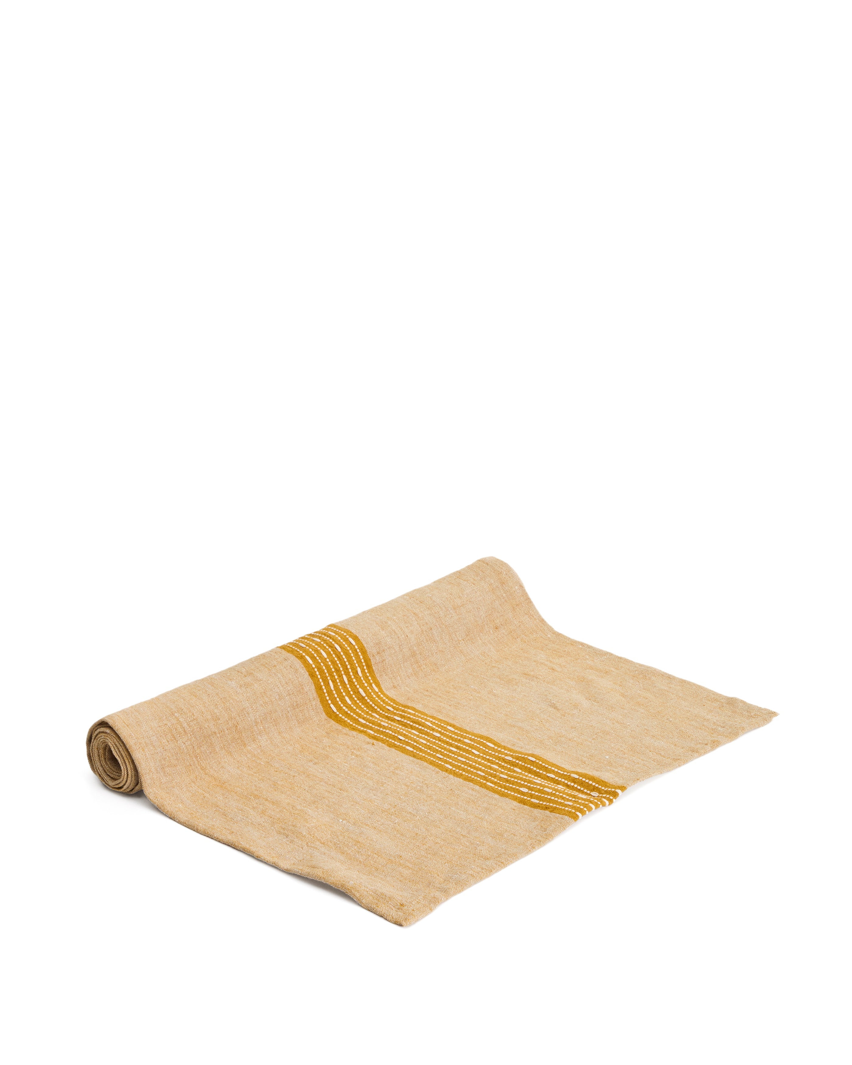 Calena linen jacquard table runner with mustard central stripe 50 x 150 cm - Product Image