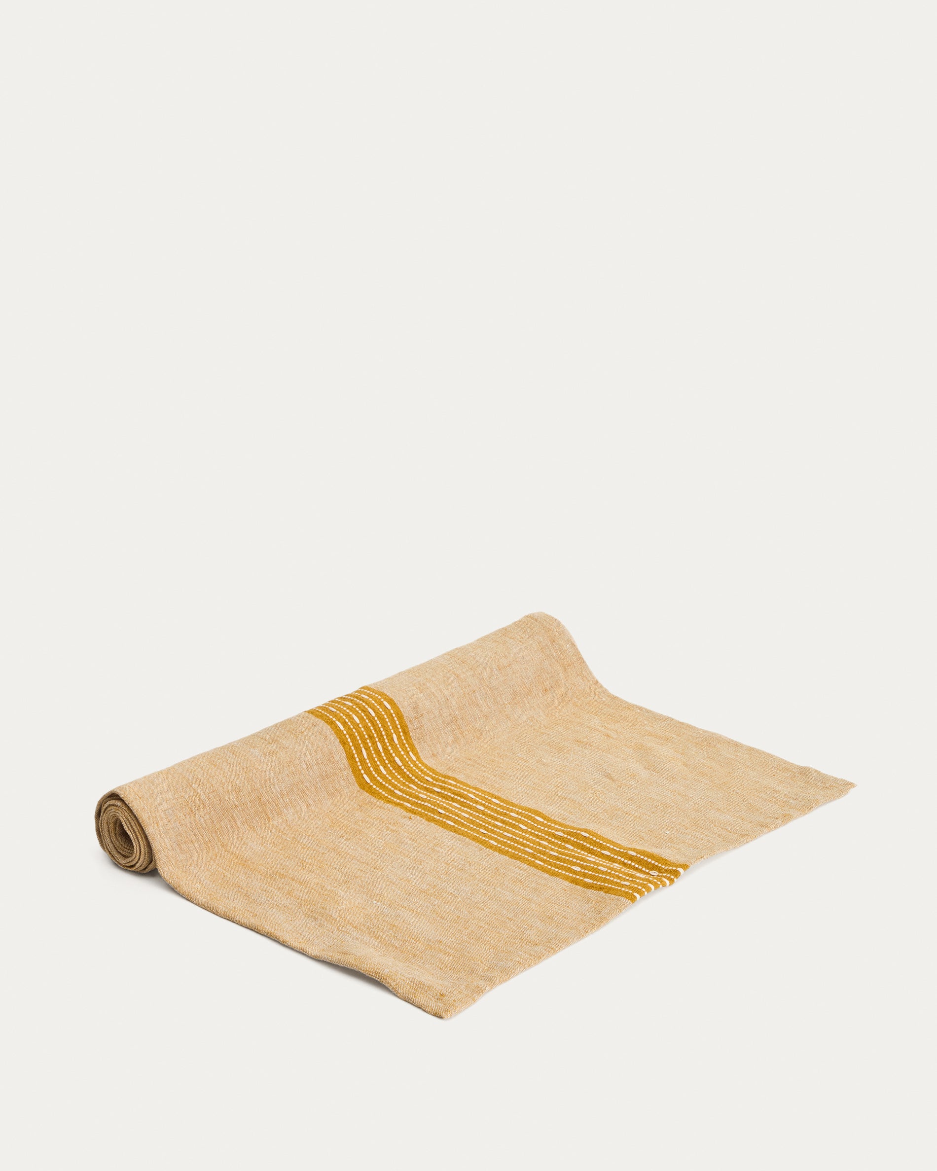 Calena linen jacquard table runner with mustard central stripe 50 x 150 cm - Product View