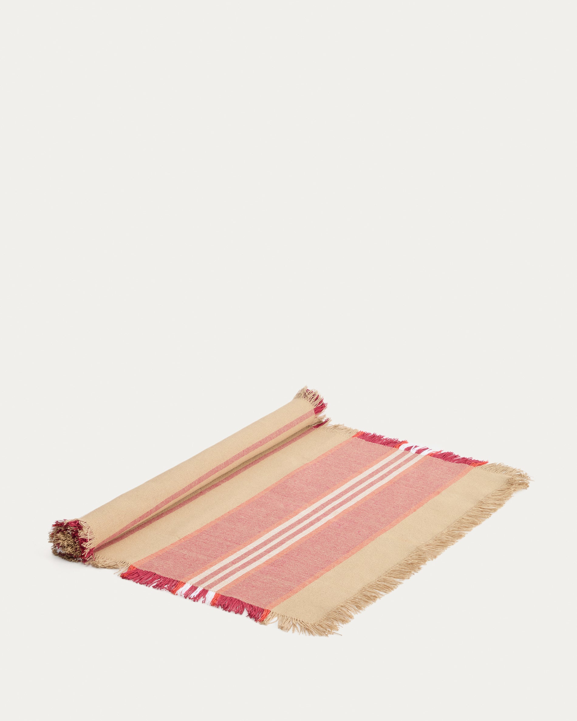Davia 100% cotton table runner with red stripes and fringed detail 50 x 150cm - Product View