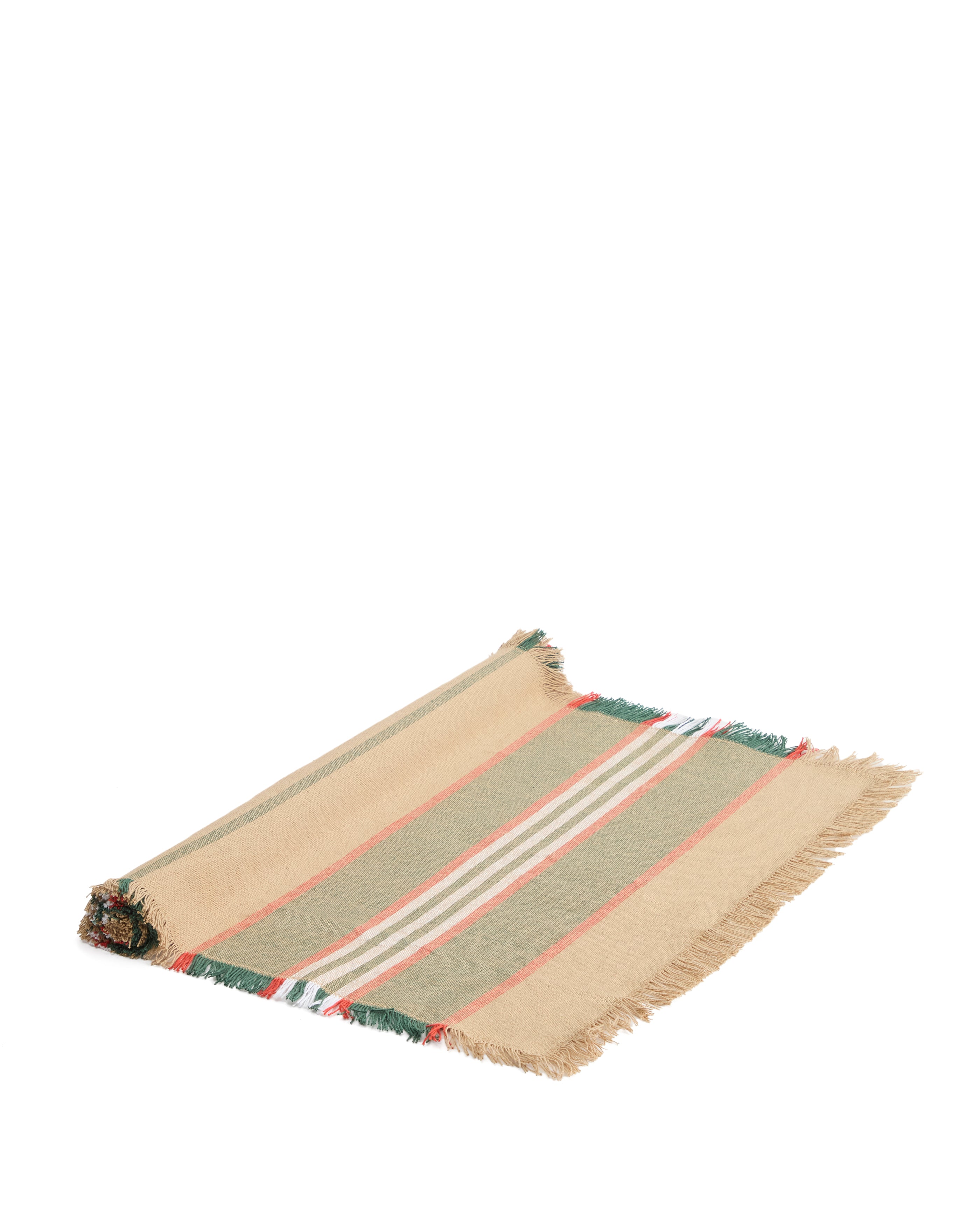 Davia 100% cotton table runner with green stripes and fringed detail 50 x 150cm - Product Image