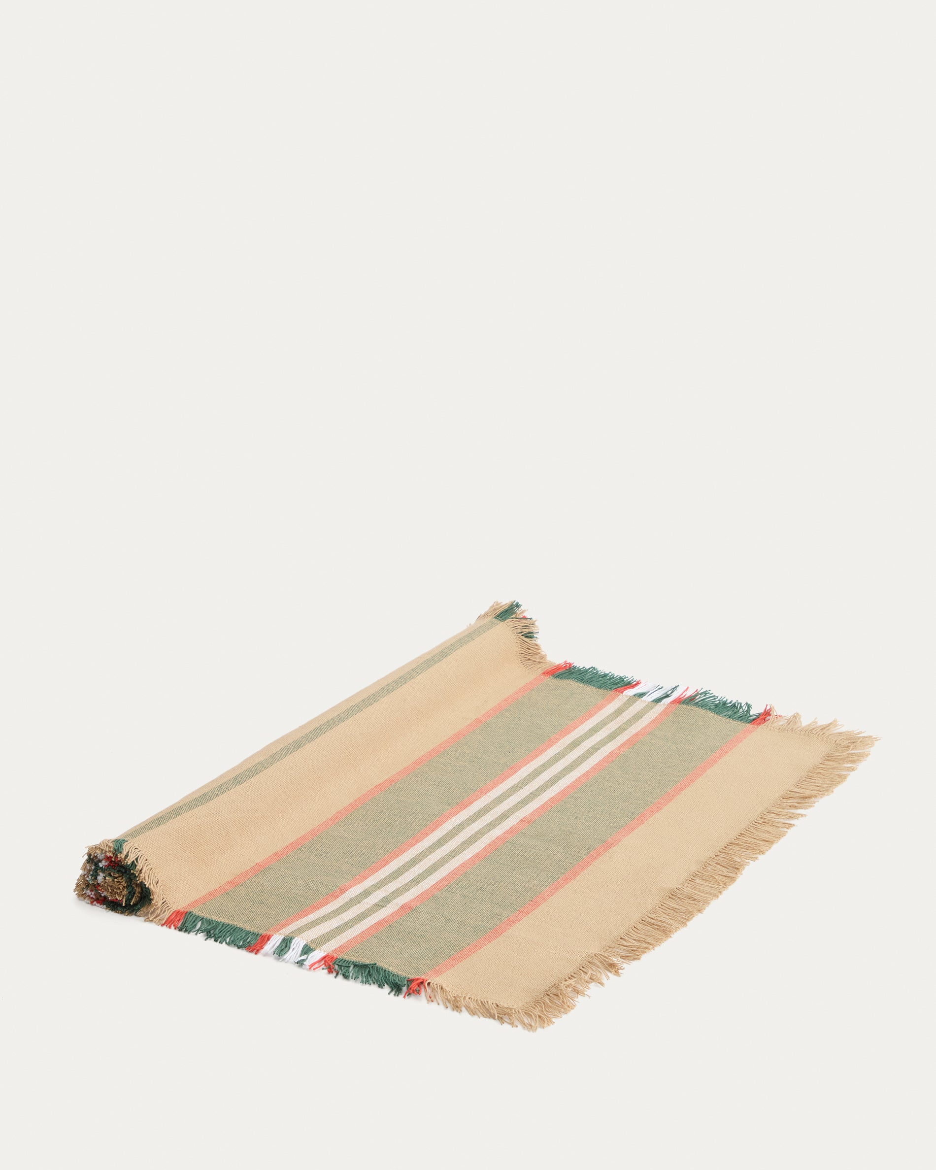 Davia 100% cotton table runner with green stripes and fringed detail 50 x 150cm - Product View