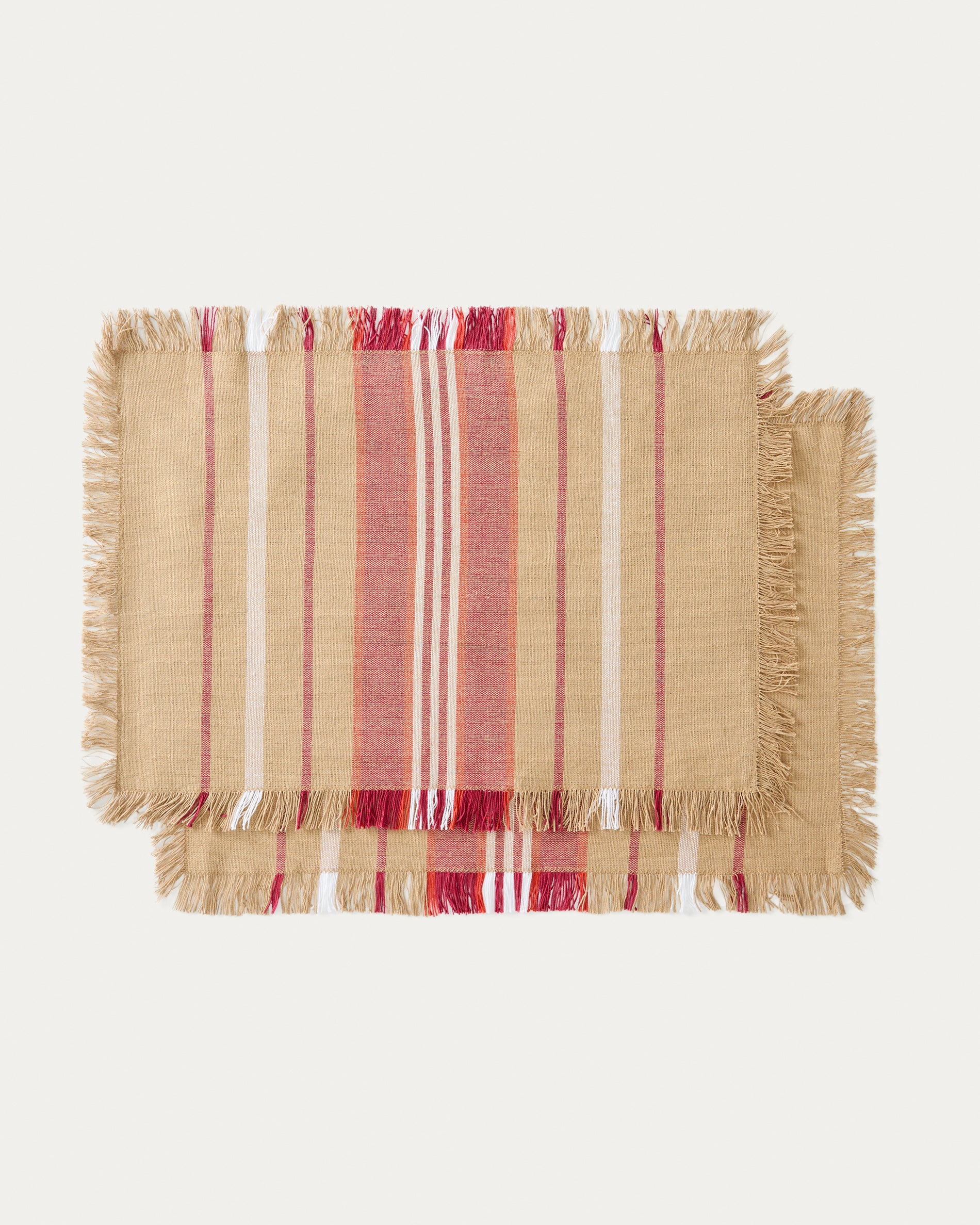 Davia set of 2 placemats in 100% cotton with red stripes and fringed detail 35 x 50cm - Product View
