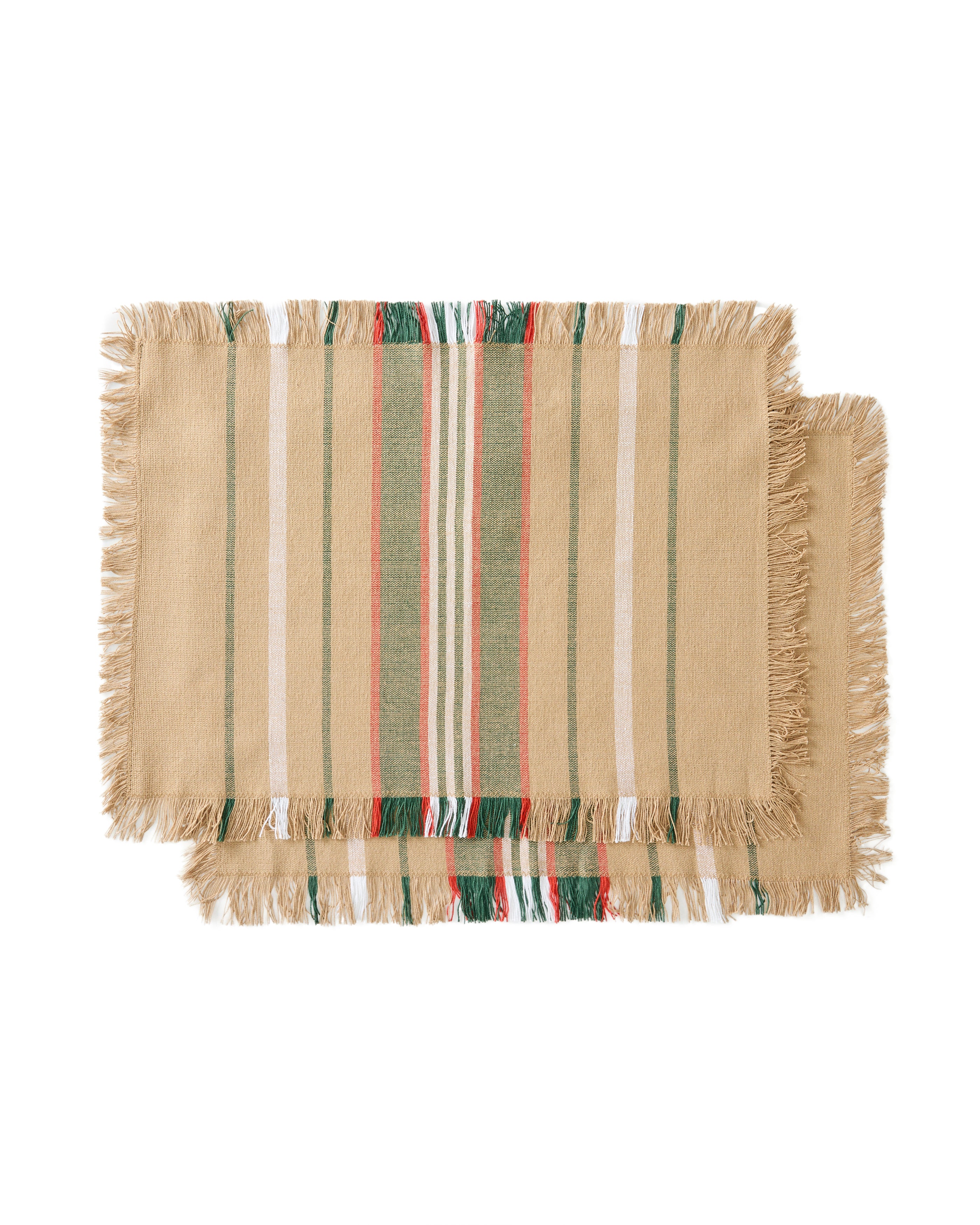 Davia set of 2 placemats in 100% cotton with green stripes and fringed detail 35 x 50cm - Product Image