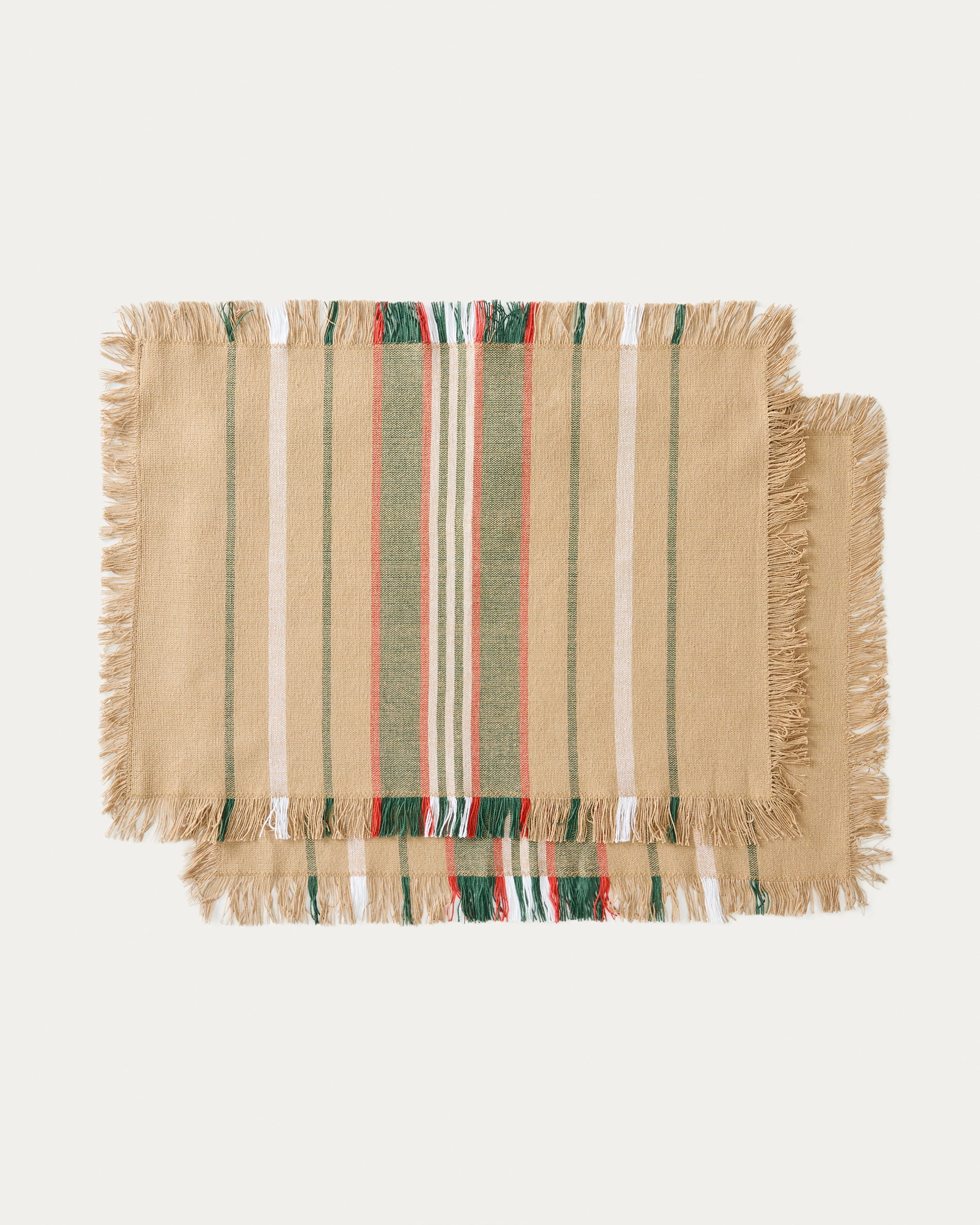 Davia set of 2 placemats in 100% cotton with green stripes and fringed detail 35 x 50cm - Product View
