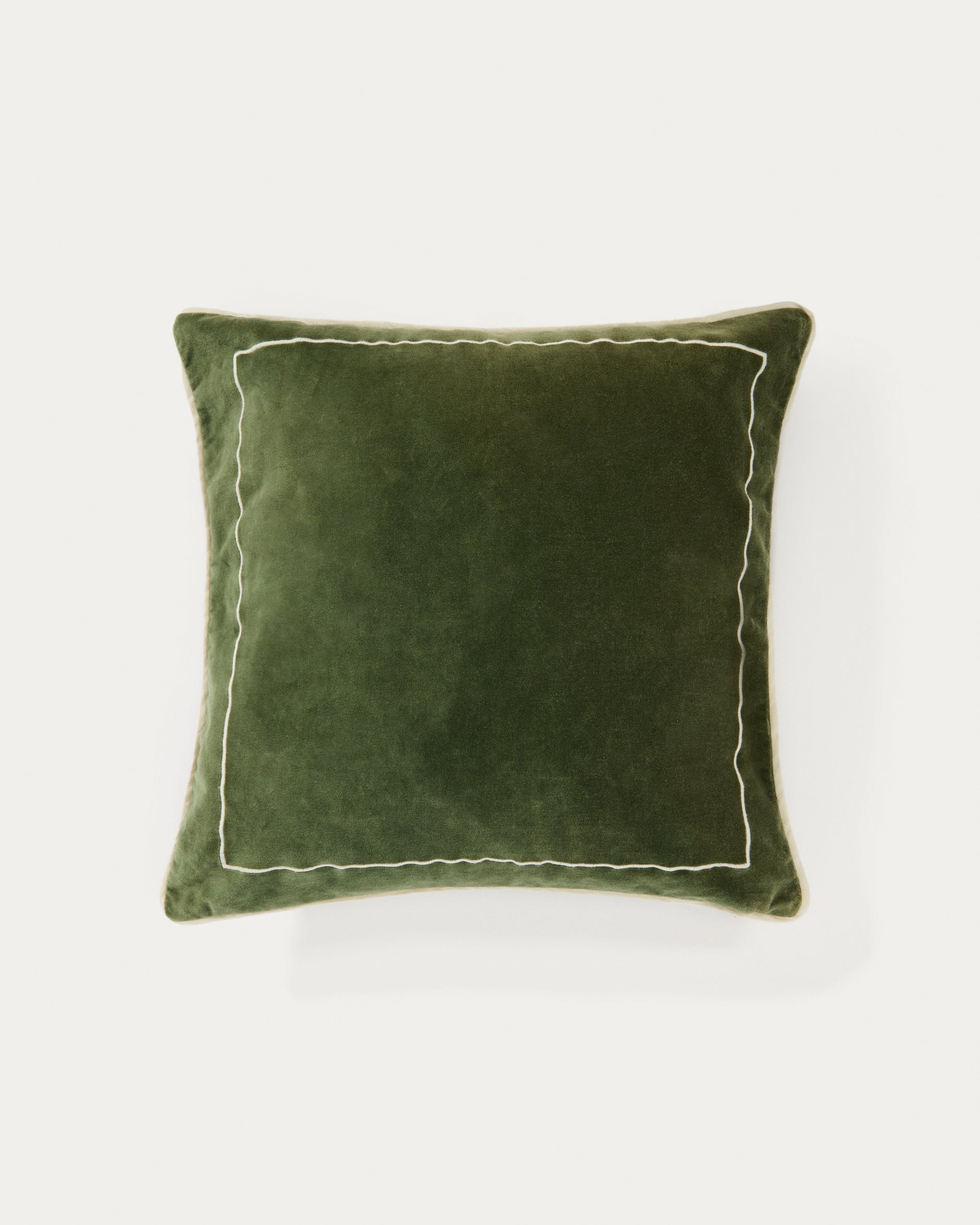 Tivani green embroidered velvet cushion cover with contrasting trim 45 x 45cm - Product View