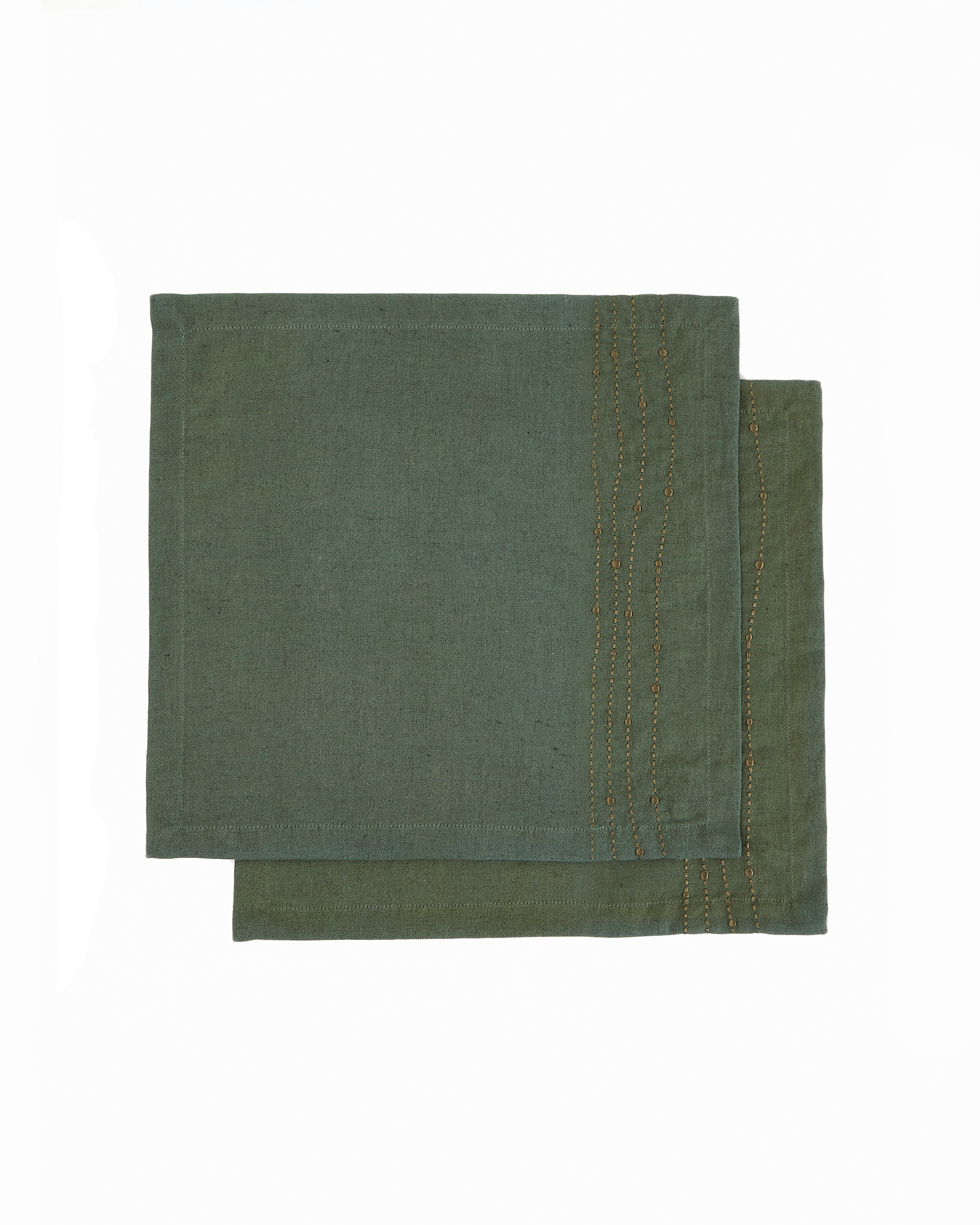 Flia set of 2 green linen and cotton napkins with gold lurex embroidery detail 30 x 30cm - Product Image