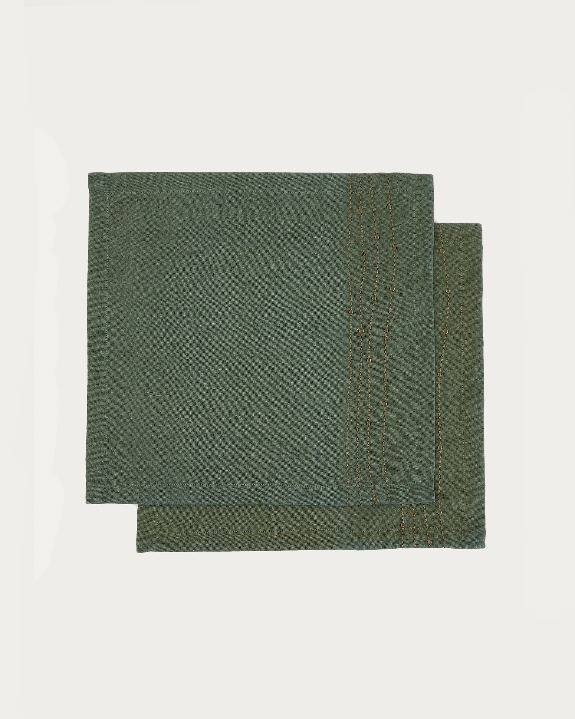 Flia set of 2 green linen and cotton napkins with gold lurex embroidery detail 30 x 30cm - Product View