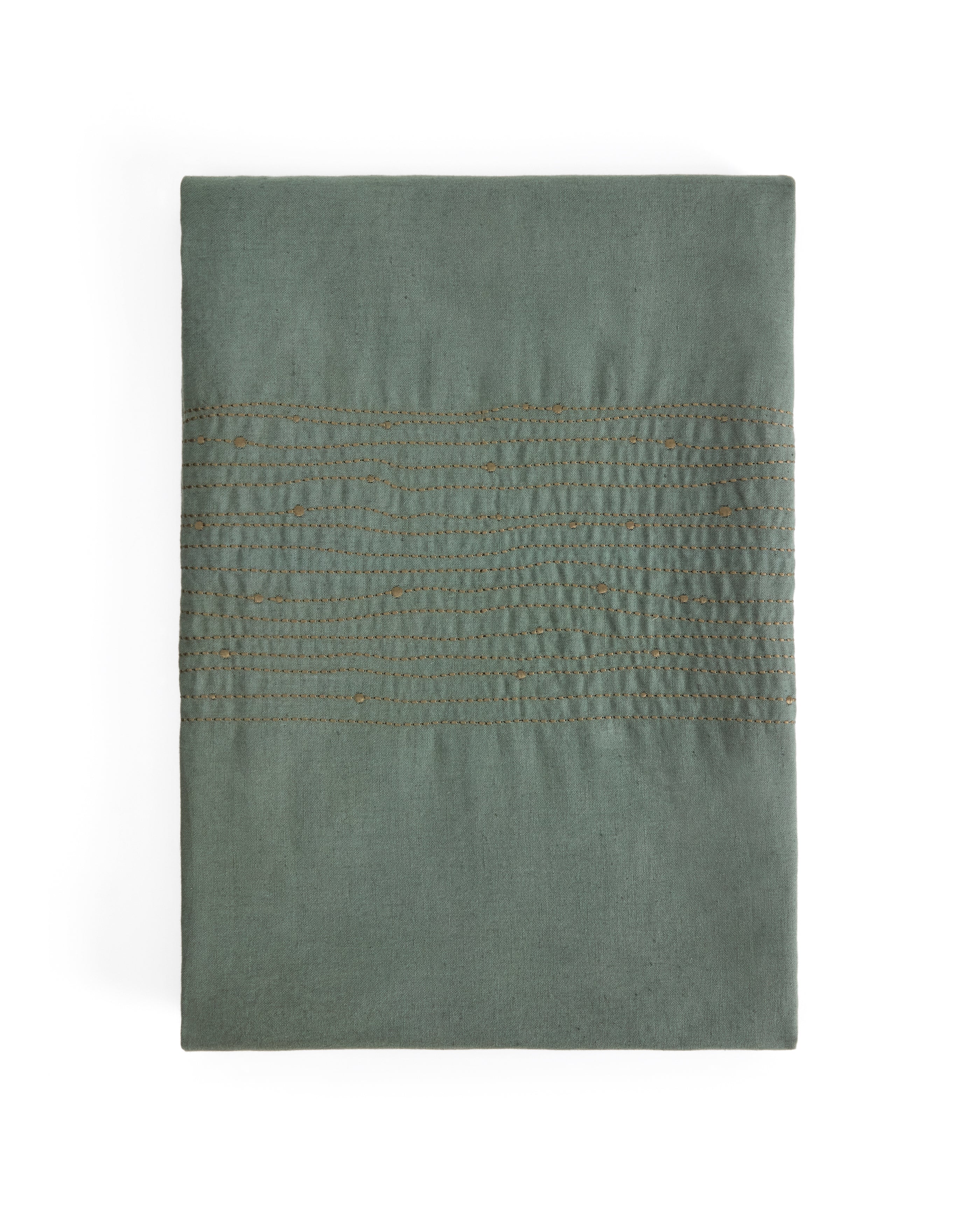Flia green linen and cotton tablecloth with green lurex embroidery detail 150 x 250cm - Product Image