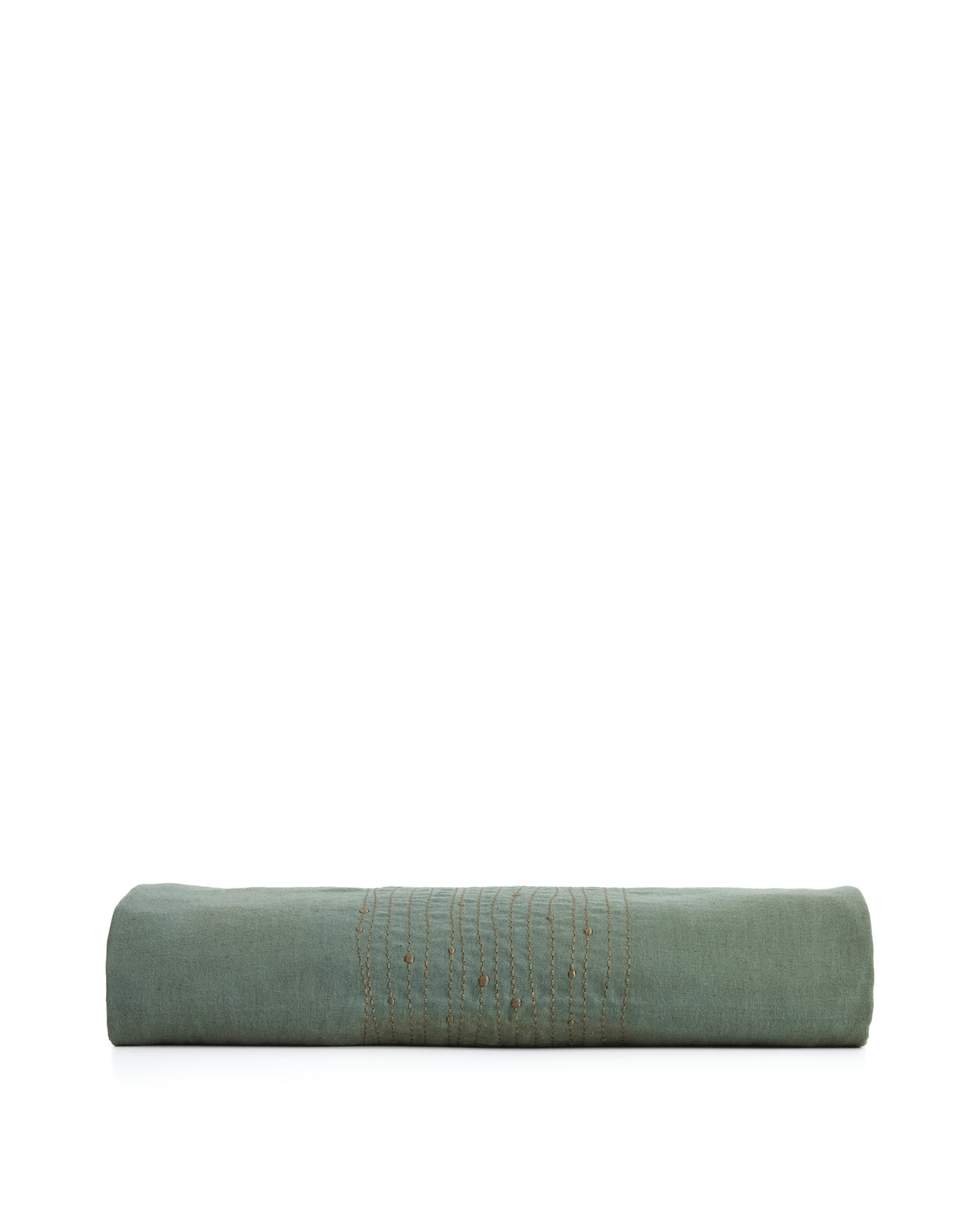 Flia green linen and cotton tablecloth with green lurex embroidery detail 150 x 250cm - Product Image