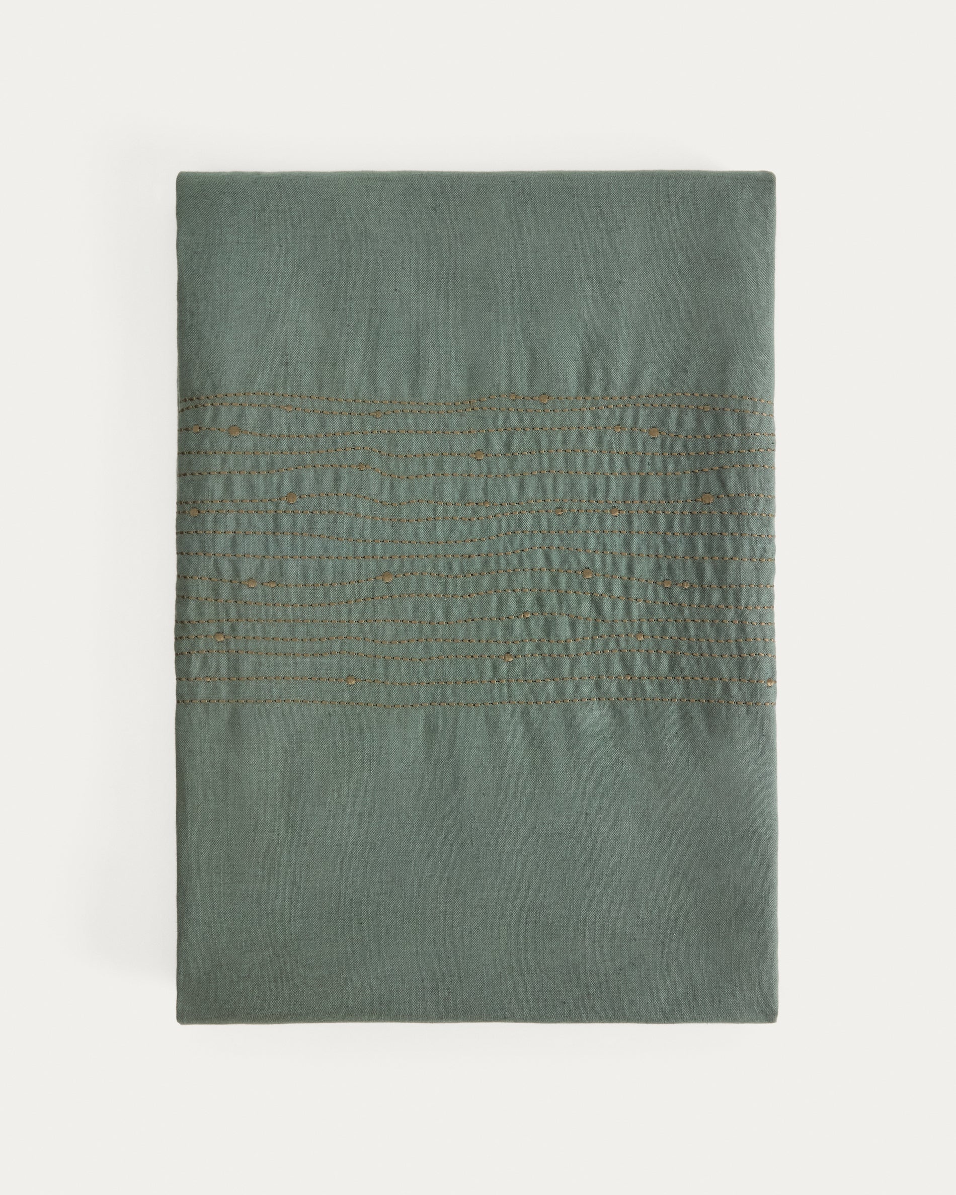 Flia green linen and cotton tablecloth with green lurex embroidery detail 150 x 250cm - Product View