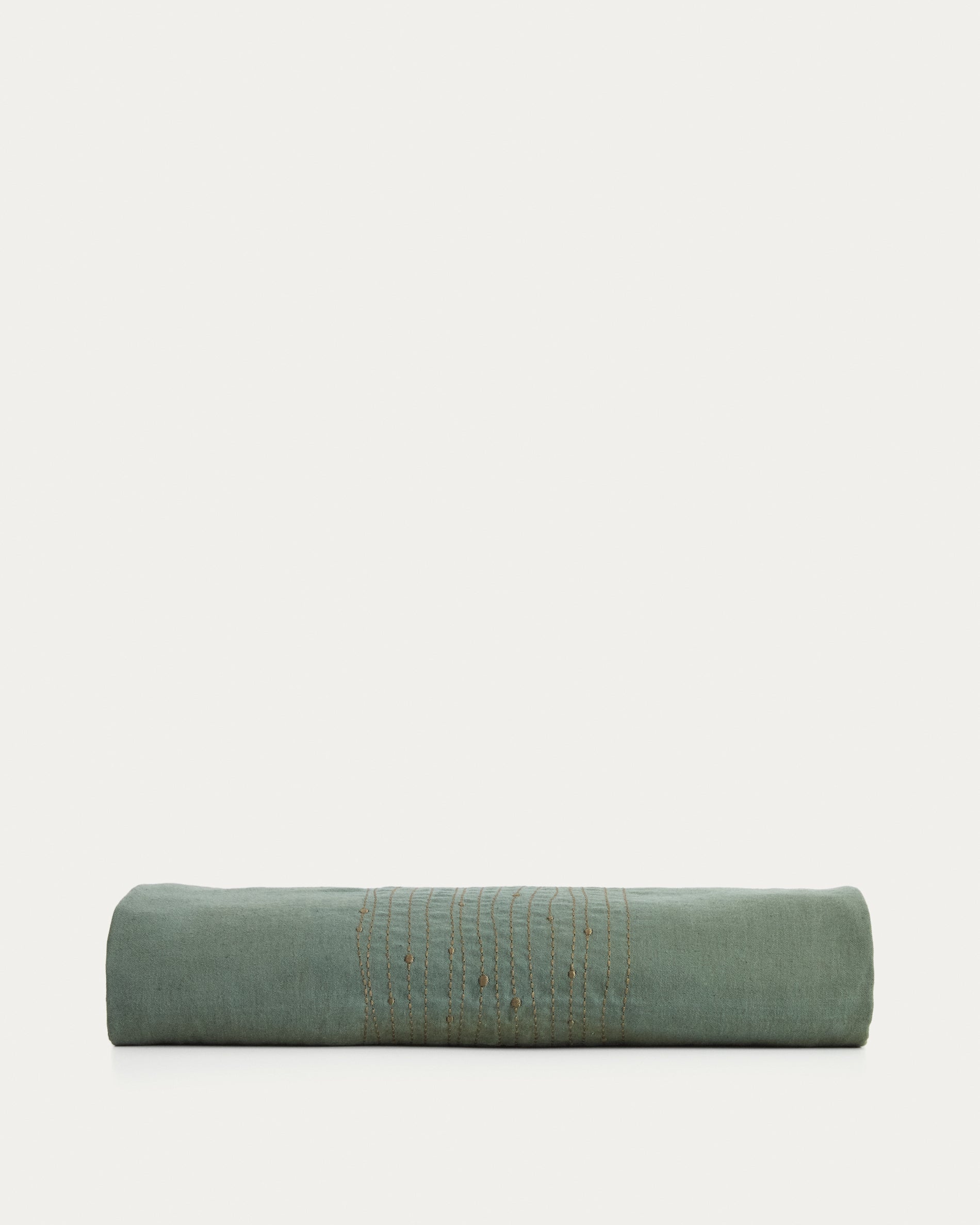 Flia green linen and cotton tablecloth with green lurex embroidery detail 150 x 250cm - Product View