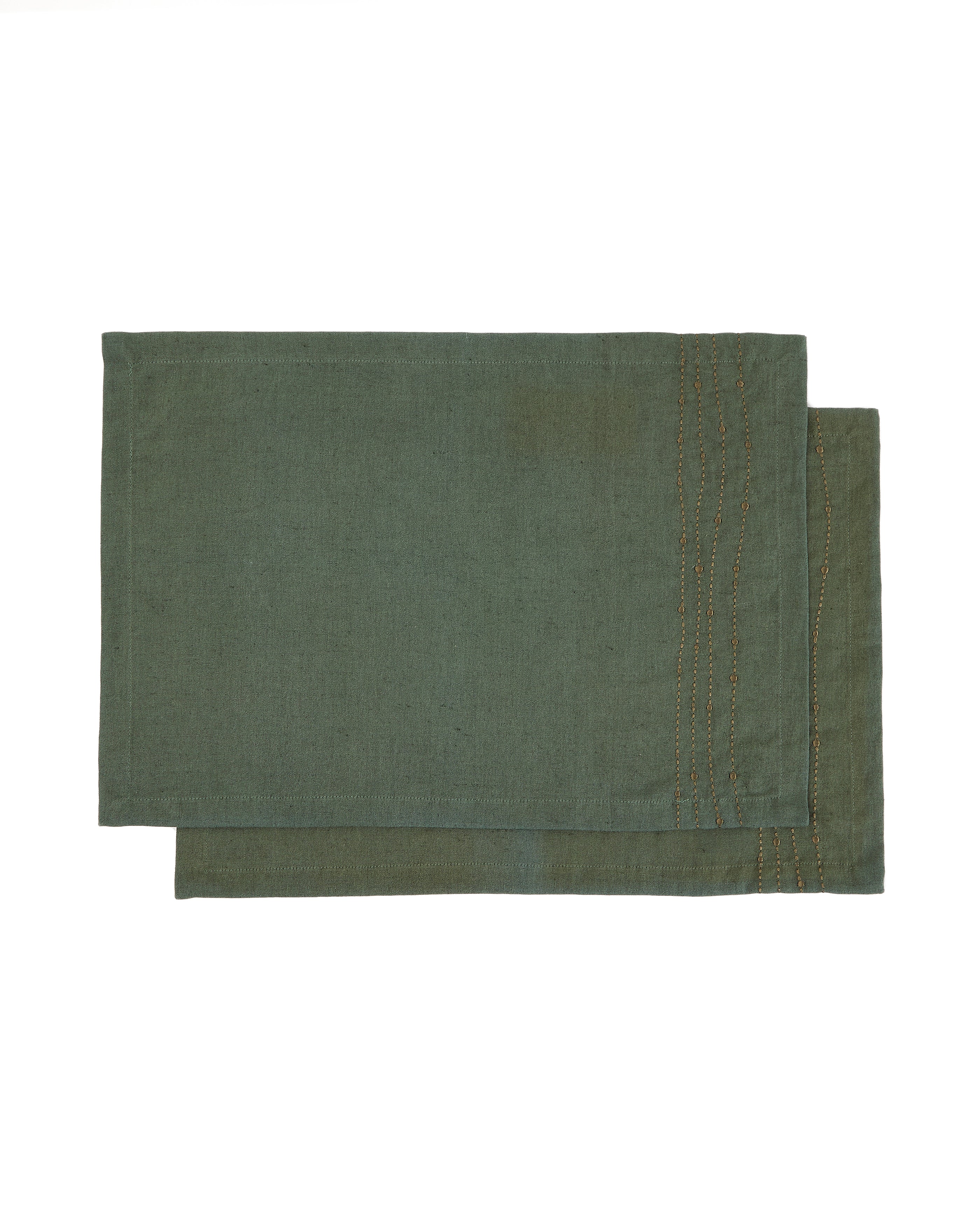 Flia set of 2 green linen and cotton placemats with green lurex embroidery detail 30 x 50cm - Product Image