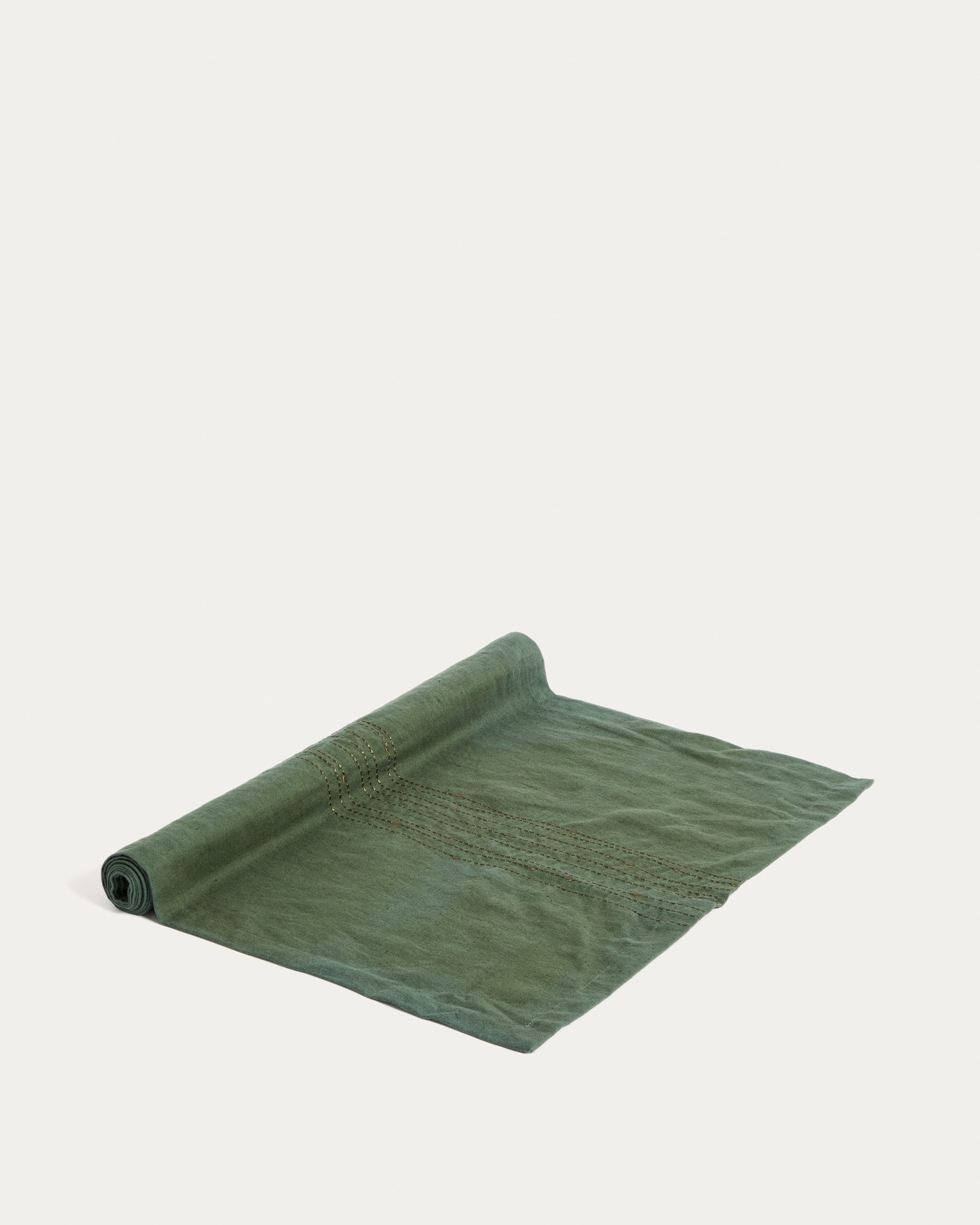 Flia linen and cotton table runner in green, with green lurex embroidery detail 50 x 150cm. - Product View