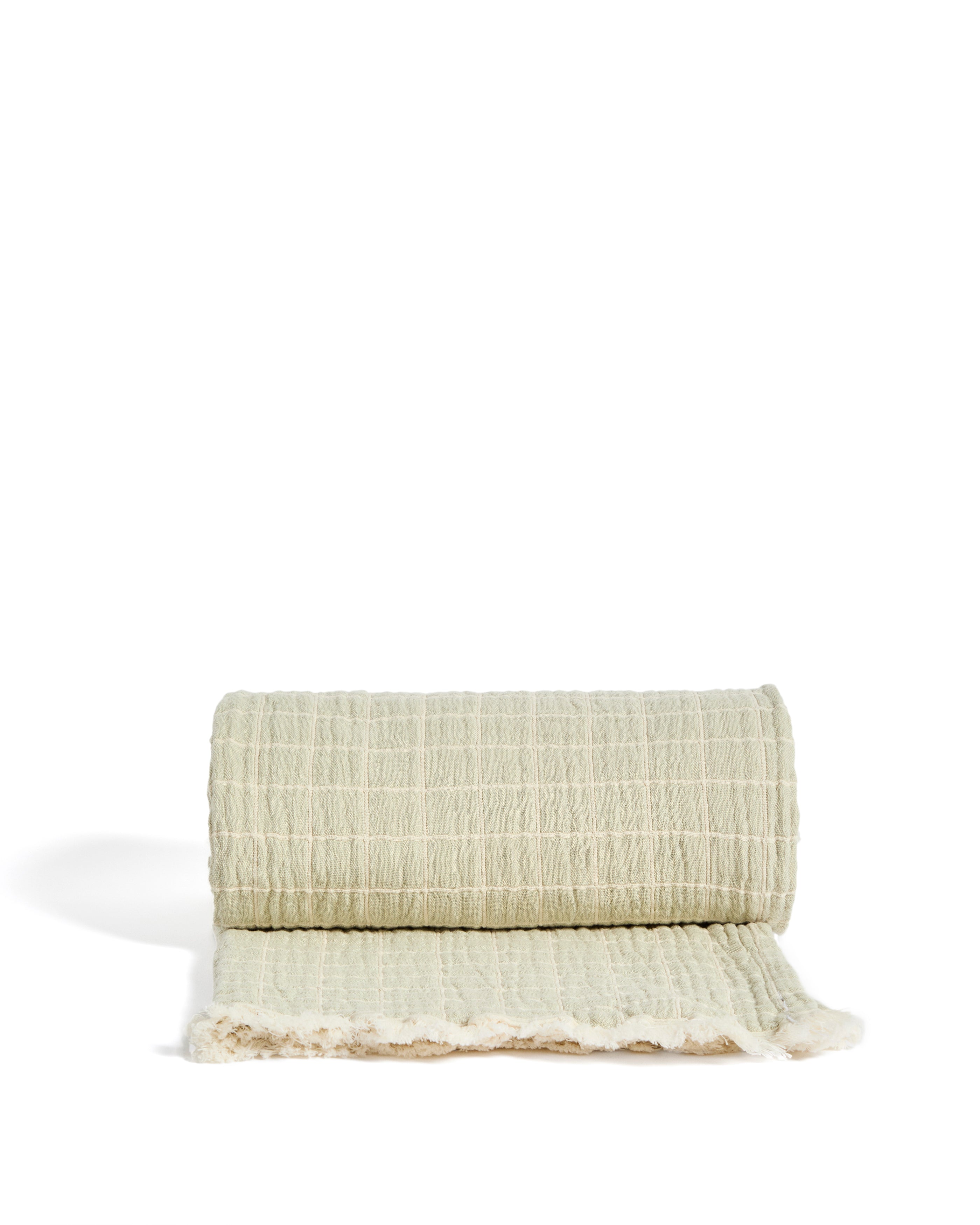 Tivaro 100% cotton jacquard blanket in light green check, double-sided 130 x 170 cm - Product Image