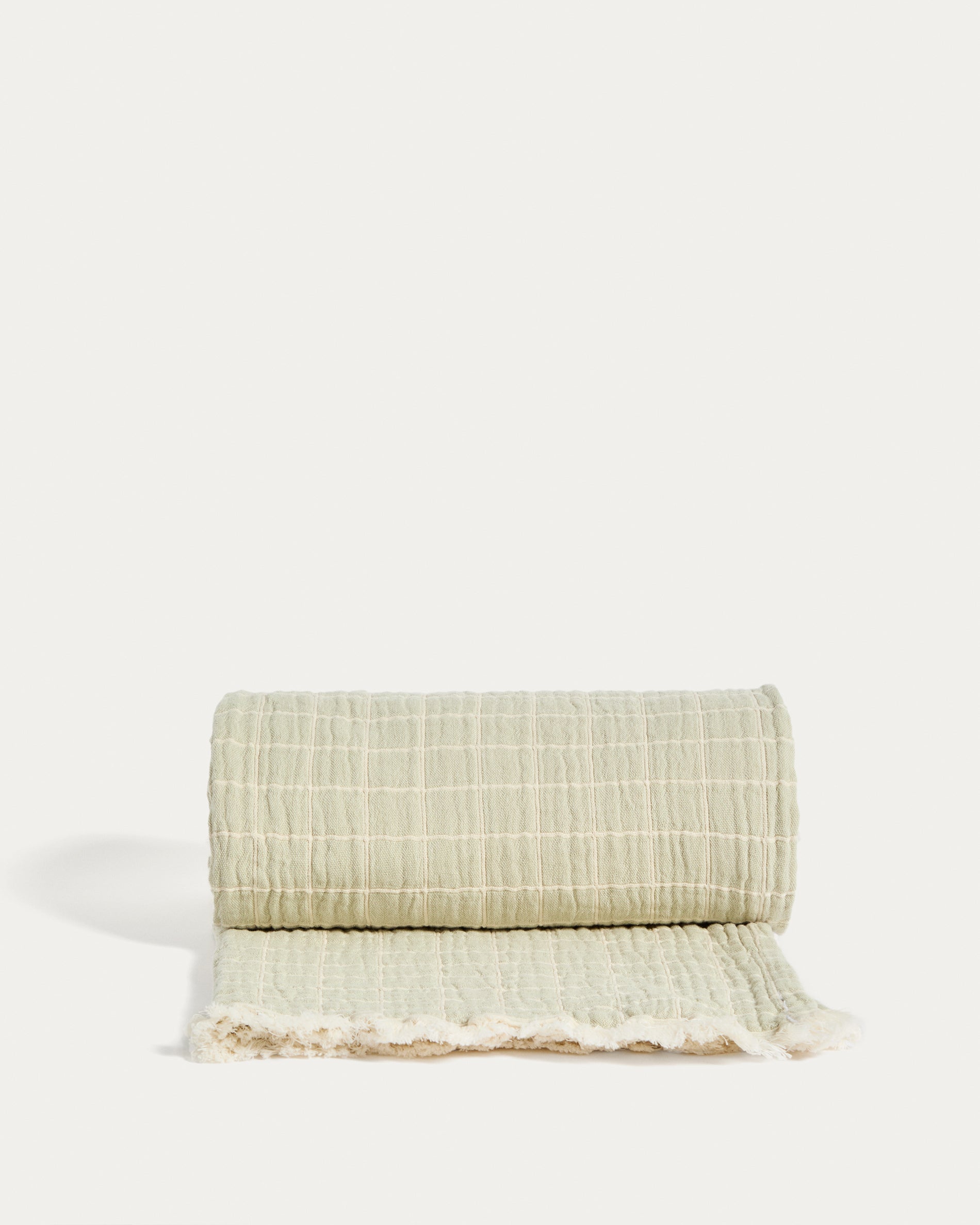 Tivaro 100% cotton jacquard blanket in light green check, double-sided 130 x 170 cm - Product View