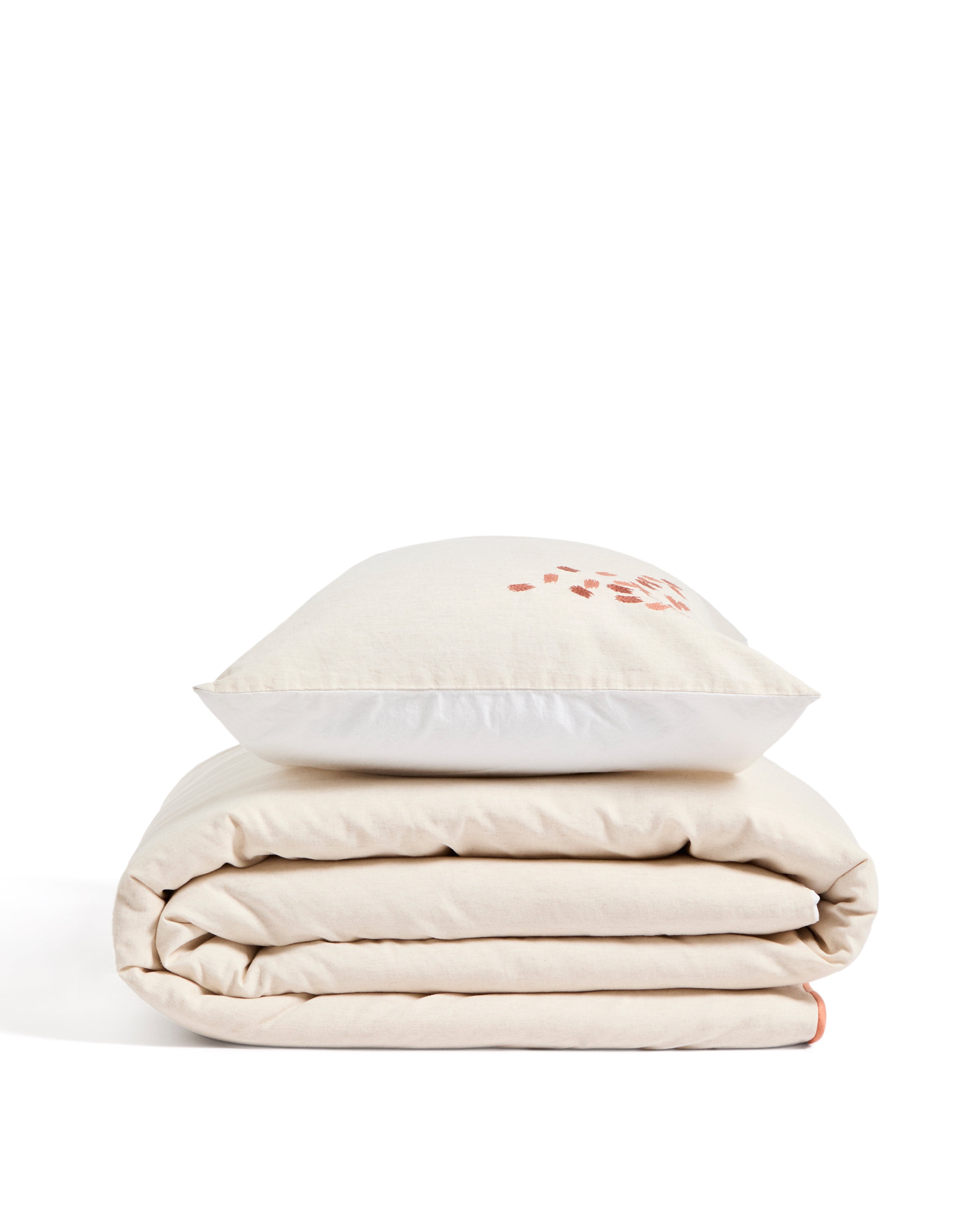 Virelda duvet cover and pillowcase set in beige cotton and linen with embroidered detail for 90cm bed - Product Image