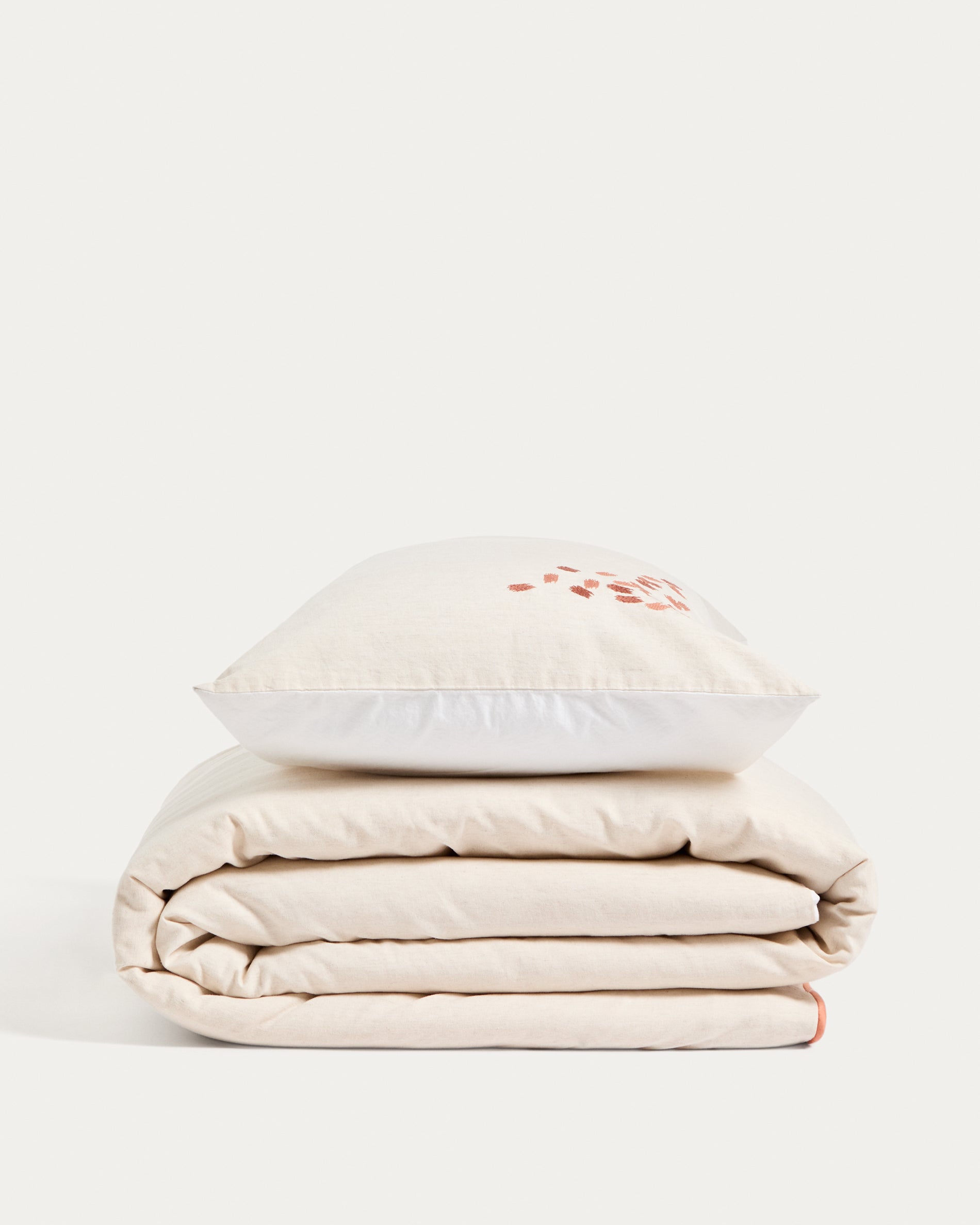 Virelda duvet cover and pillowcase set in beige cotton and linen with embroidered detail for 90cm bed - Product View