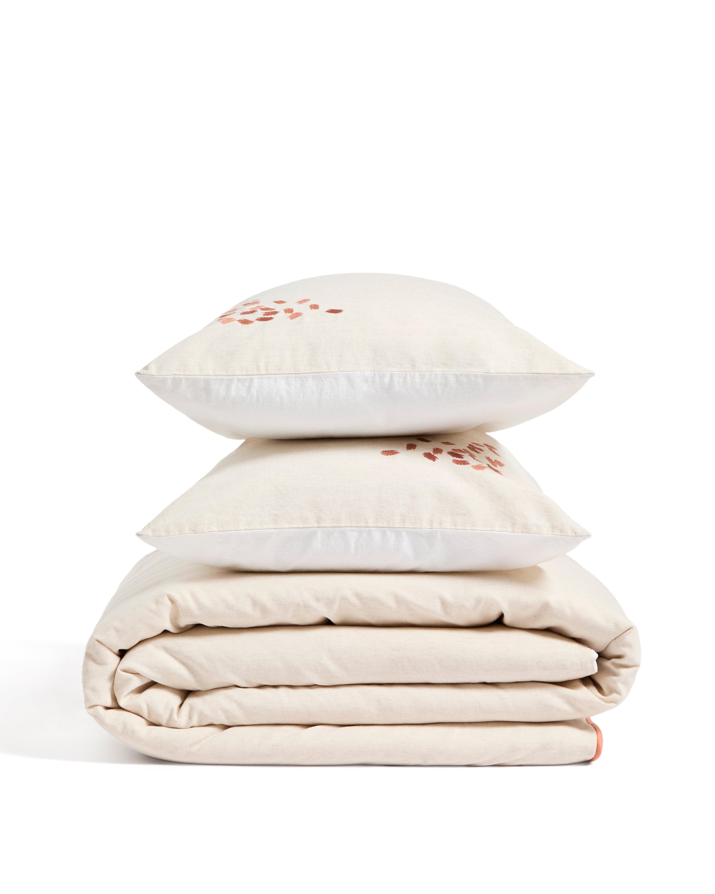 Virelda duvet cover and pillowcase set in beige cotton and linen with embroidered detail for 150cm bed - Product Image