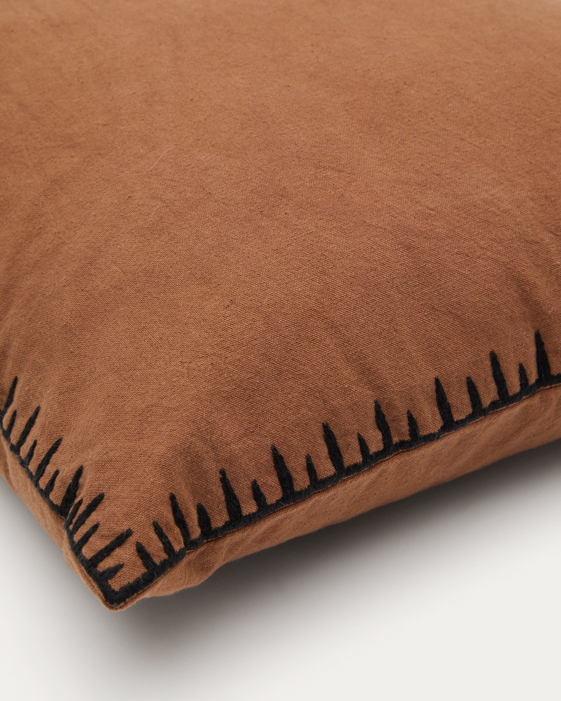 Satol cushion cover in brown cotton with black embroidery feature, 45 x 45 cm